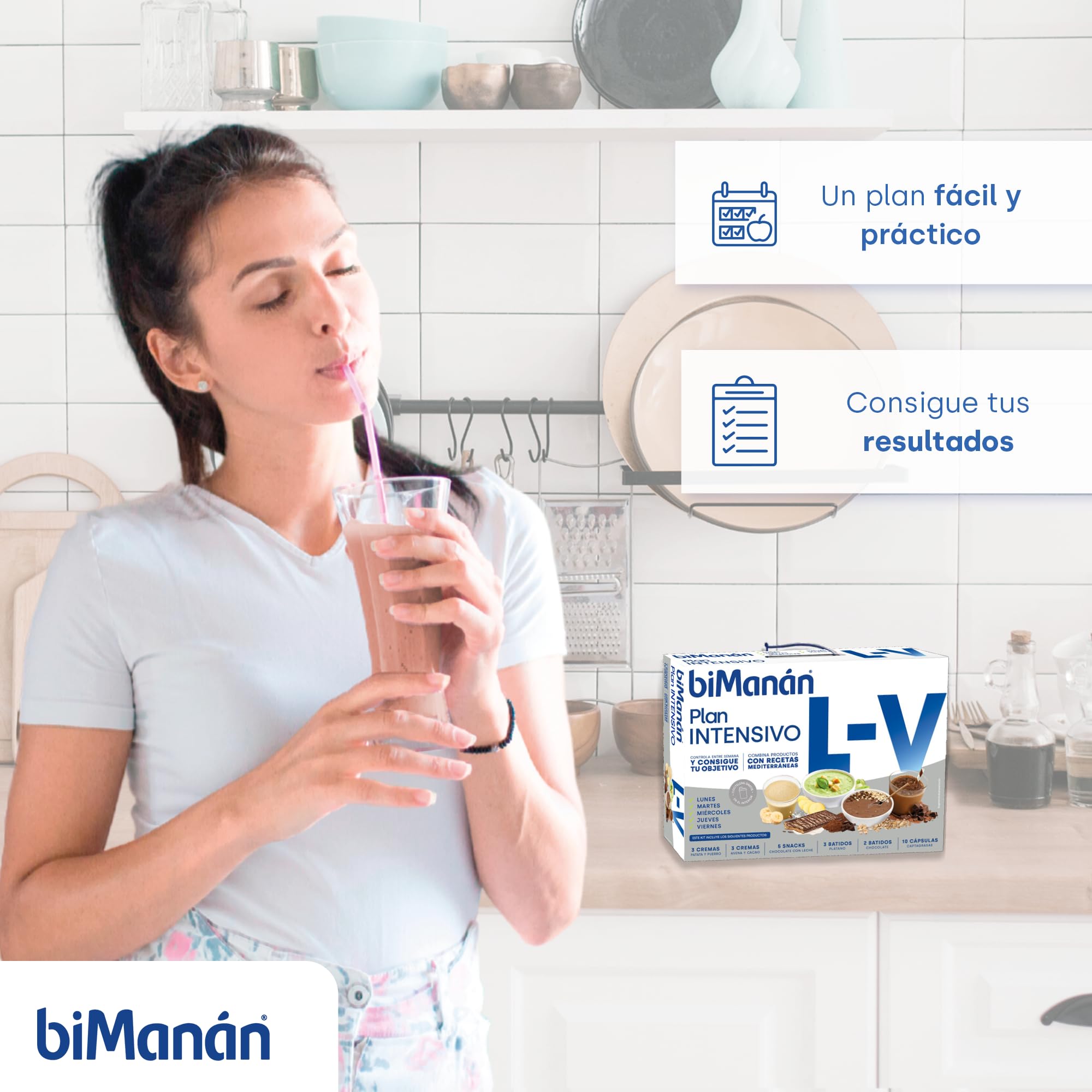 BiManán - Plan Intensivo de Lunes a Viernes, Sustitutivos para el Control del Peso, Incluye Batidos, Cremas, Barritas, Cápsulas Captagrasas y una Coctelera, con Vitaminas y Minerales