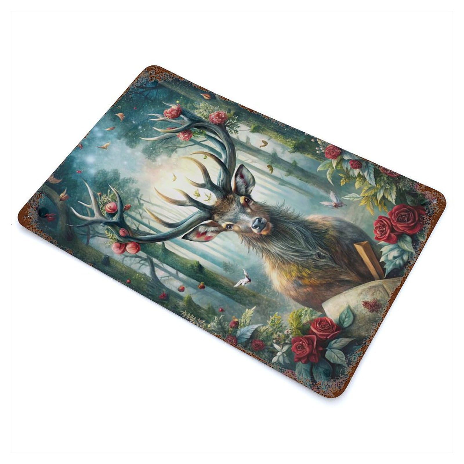 Majestic Deer in Enchanted Forest 11.8"x7.9" Rusty Metal Tin Sign, Novelty Wall Decor for Cafe, Home Bar And Lounge Decor