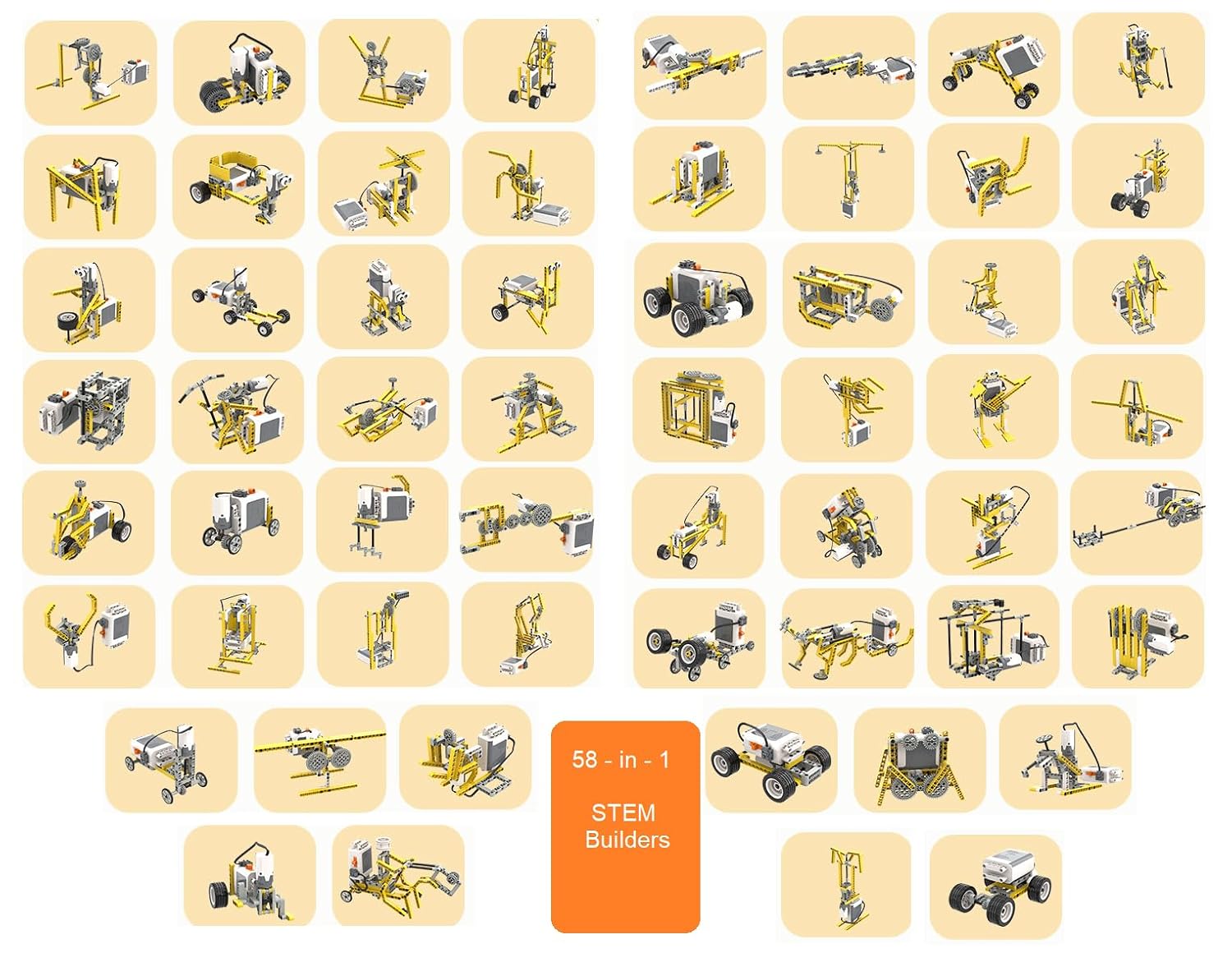 Contents of the CB9686 kit laid out, including the storage box, various building blocks, motor, and battery box.