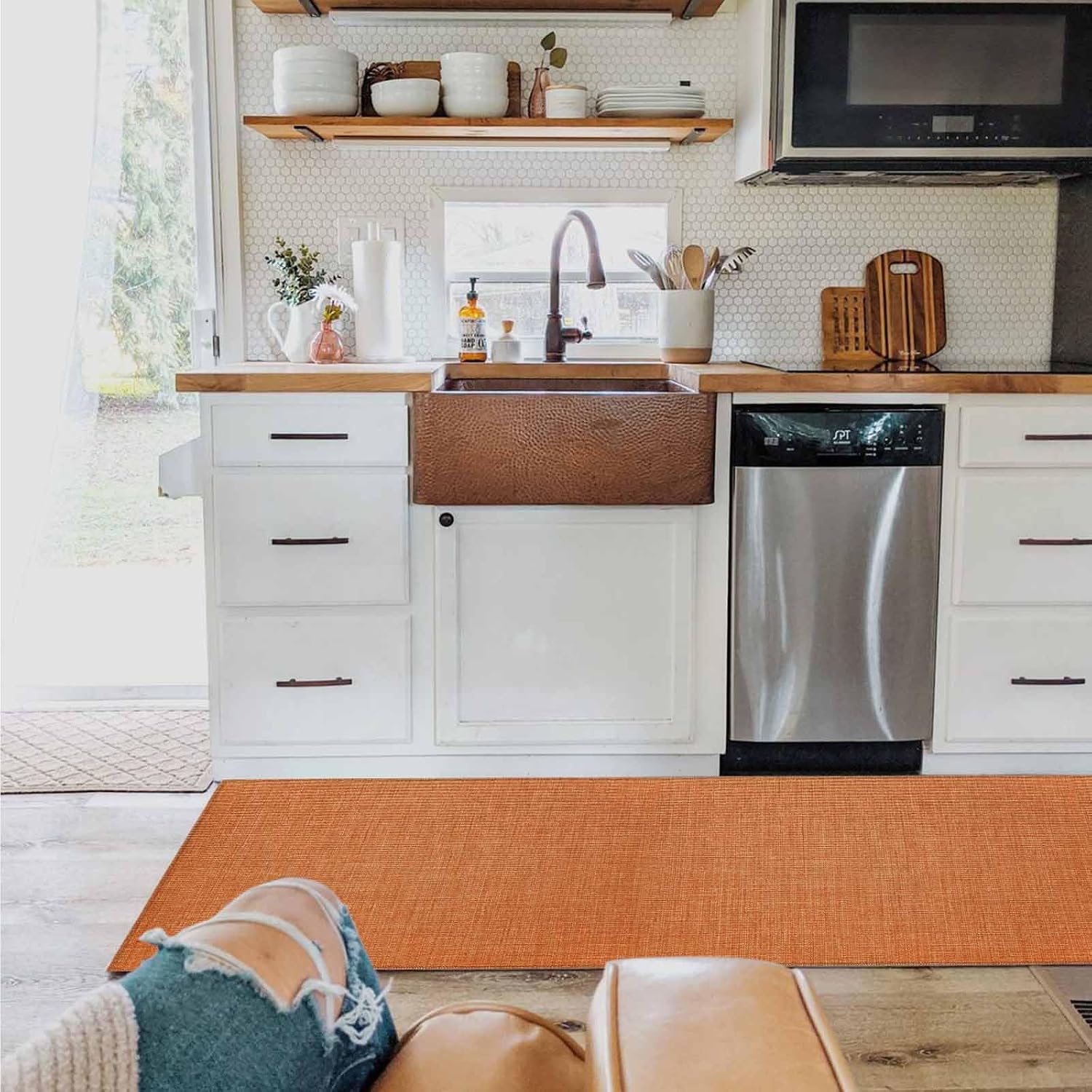 Burnt Orange Burlap Texture Kitchen Rugs Set of 2, Farmhouse Vintage Orange Washable Bath Shower Door Welcome Runner Area Rug Mat Carpet for Bedroom Bathroom Living Room 20"x 32"+ 20"x 47"