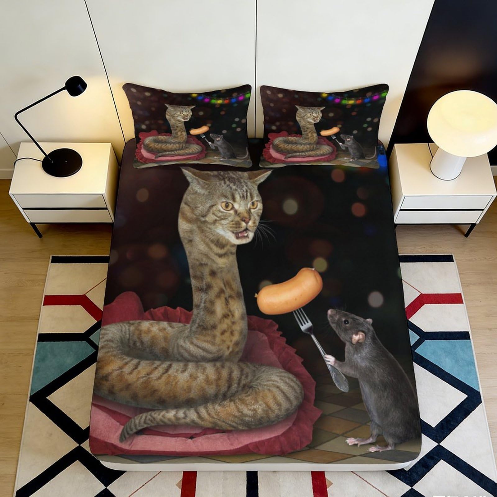 3D Printed Surreal Cat Snake Fitted Sheet Microfiber Artistic Rat Bed Cover for Bedroom Dorm Mattress Decor, Easy Care 90x200x25cm