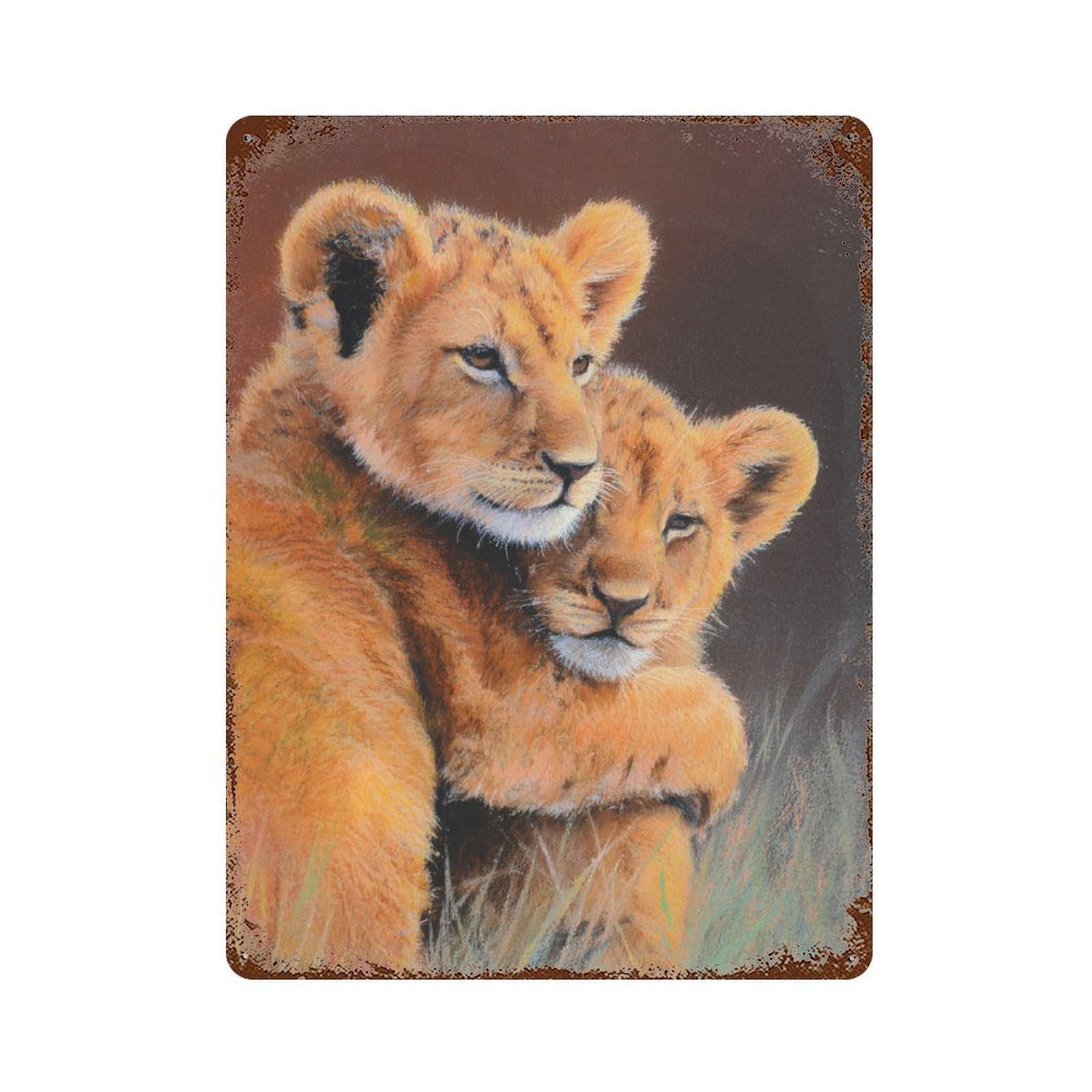Adorable Lion Cubs Aged Metal Wall Plaque 15.7"x11.8", Farmhouse Wall Decor for Office, Studio And Wall Decor