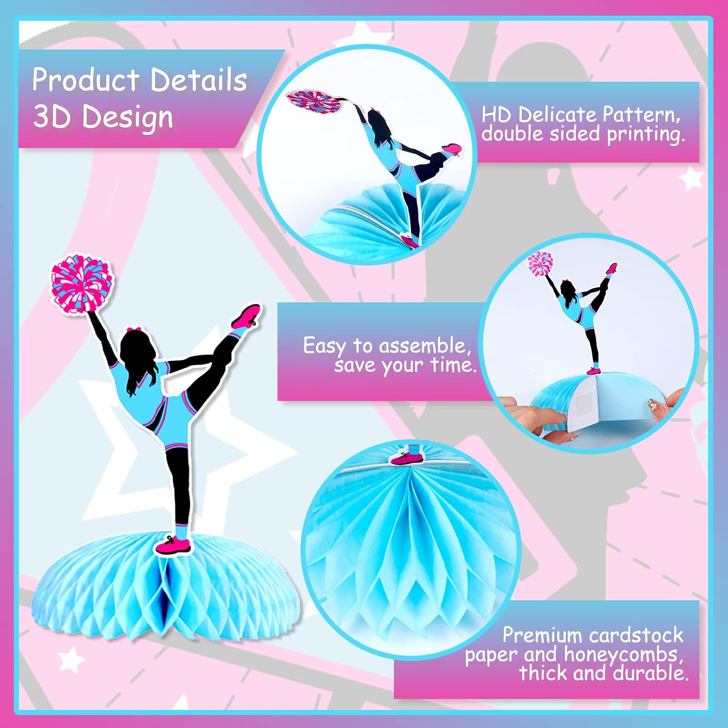 8 Pieces Cheerleading Honeycomb Centerpieces Hot Pink Blue - Cheerleading Themed Party Decorations Rose Red, Cheerleader Table Decor for Cheer Gymnastics Birthday Party Supplies