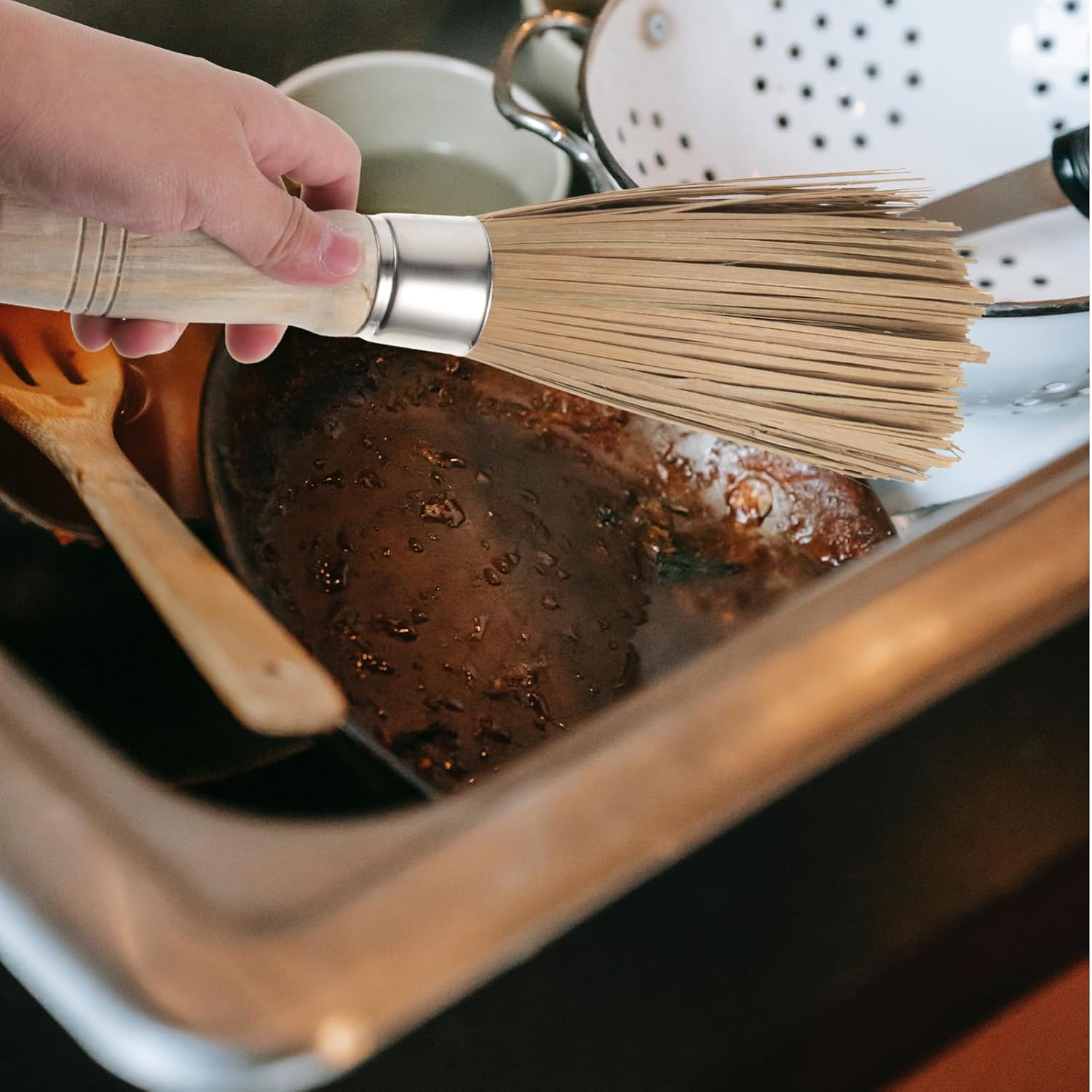 SECFOU 2pcs Pot Brushes Natural Dish Brush for Non-Stick Cookware Sturdy Wok Cleaning Tool for Pots Pans and Kitchen