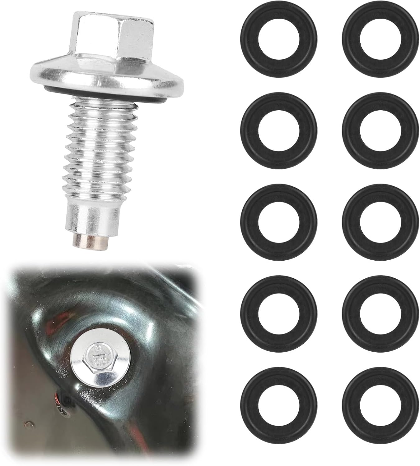 M12x1.75 Magnetic Oil Drain Plug and 10pcs Rubber Gaskets, Automotive Engine Oil Drain Plugs and Washers Replacement Compatible with Mazda & Suzuki for Cars SUVs & Motorcycles