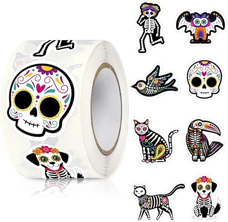 SANNIX 500 Day of The Dead Stickers, Dia de Los Muertos Mexican Sugar Skull Cat Stickers Decals for Laptop Water Bottle Luggage Party Supplies All-Purpose Labels