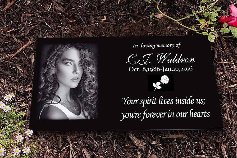 MIKITA Memorial Stones for Loved Ones, Black Granite Memorial Garden Stone Engraved with Humans Photo，Free Headstones Stand，Gifts for…