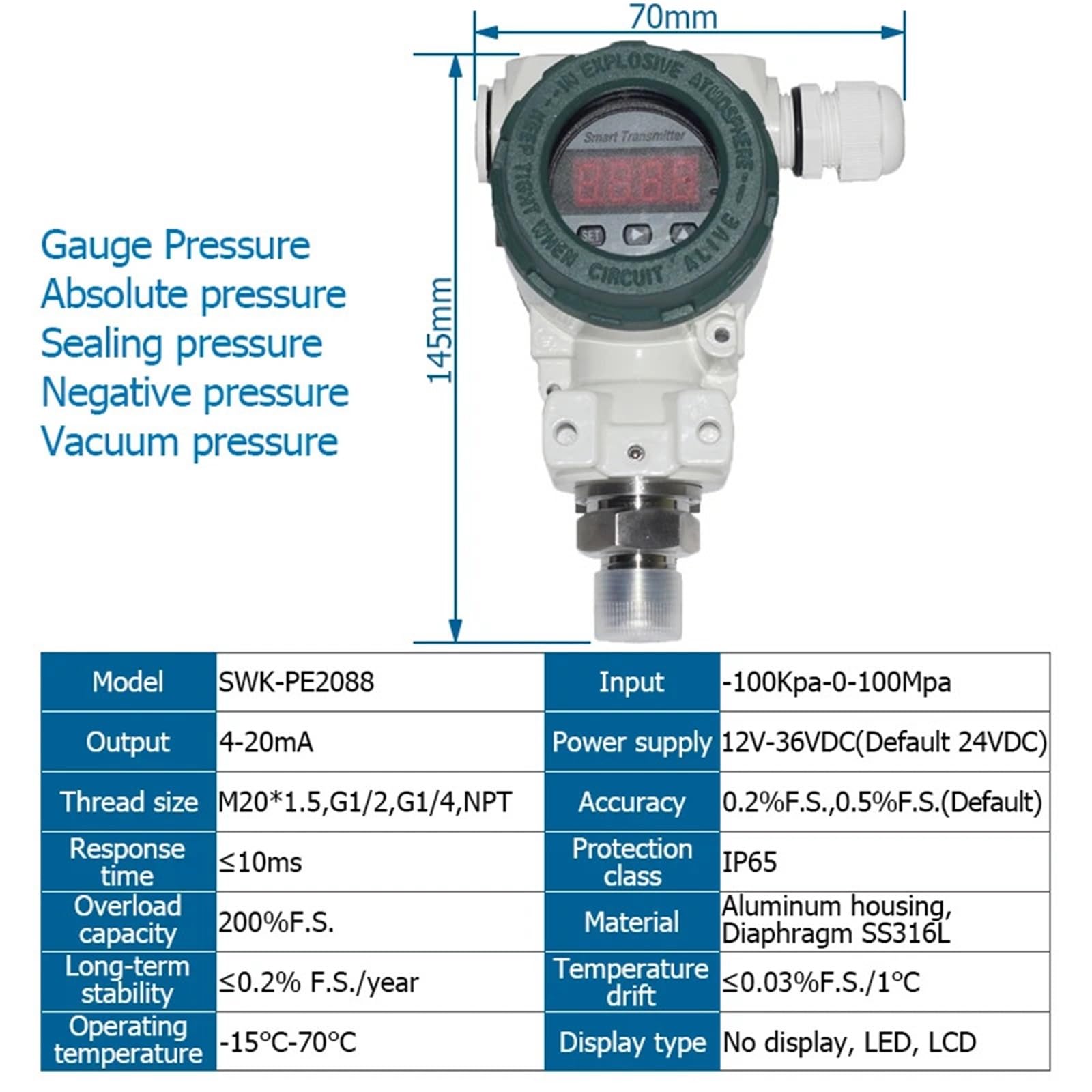 Transmisor de presión con pantalla LED 2088, salida 4-20 mA, sensor for agua, aire, aceite y líquidos (positivo/negativo) Alta precisión(0-10KPa)