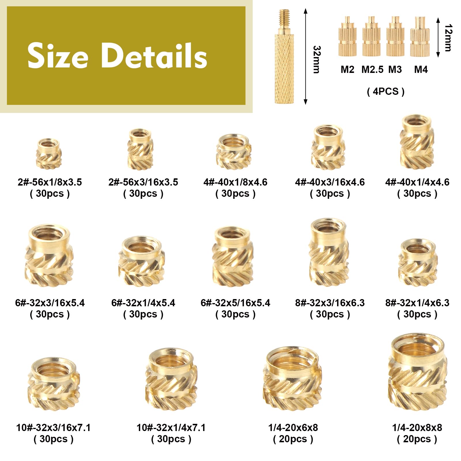 Gueenky 405PCS Threaded Inserts 3D Printer, 2# 4# 6# 8# 10# 1/4-20 Threaded Knurled Inserts Threaded Brass Inserts Heat for 3D Printer Plastic Parts - Image 2