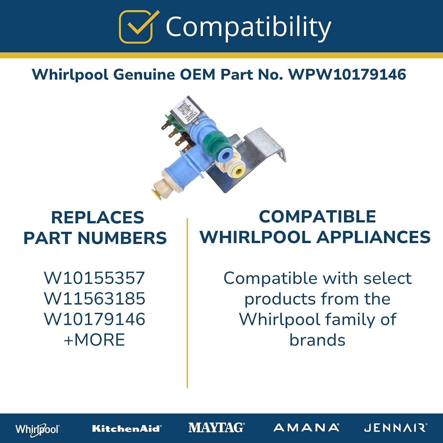 Whirlpool WPW10179146 Genuine OEM SxS Refrigerator Water Inlet Valve Assembly Replacement Part - Replaces W10155357, W10179146, W11563185