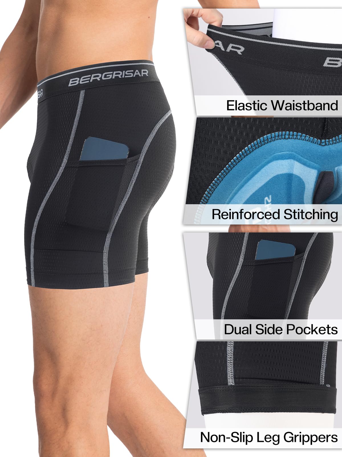 BERGRISAR Pantaloncini da ciclismo imbottiti Biancheria intima Mens Mountain Road Bike Undershorts Traspirante Ciclo Bicicletta Pantaloncini