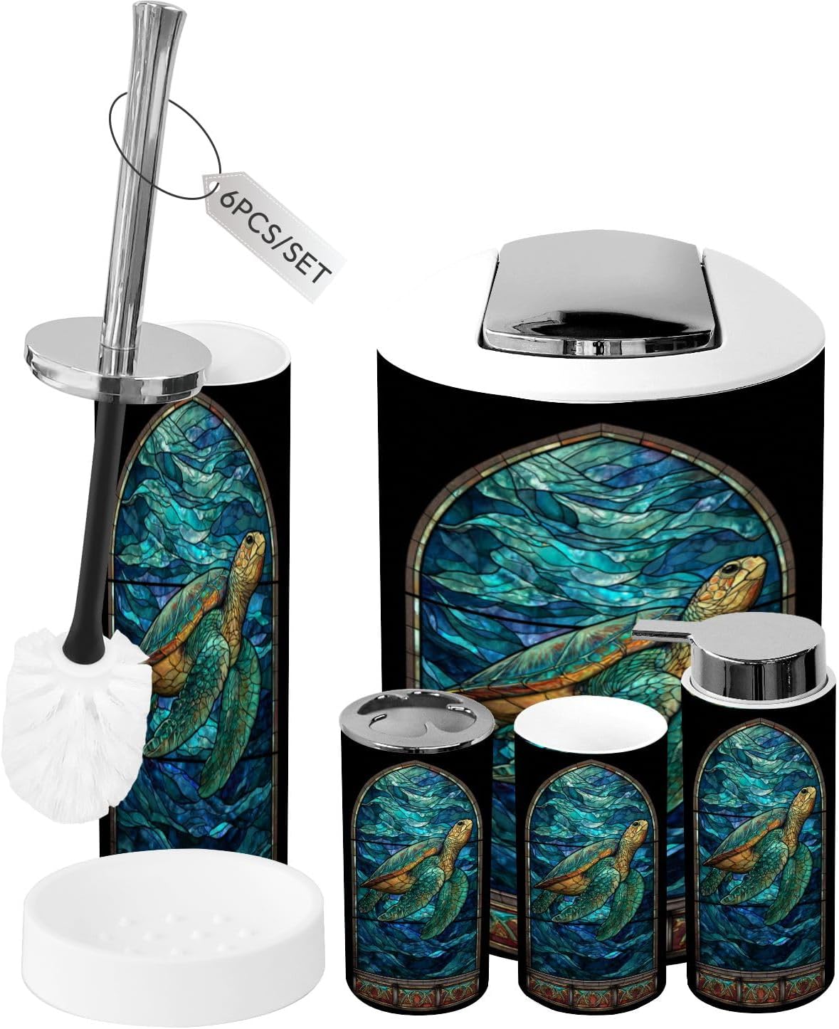 Bathroom Accessory Set 6 Piece Majestic Stained Glass Sea Turtle Glowing Green Shell Trash can, Toothbrush Holder, Toothbrush Cup, Soap Dispenser, Soap Dish, Toilet Brush Holder