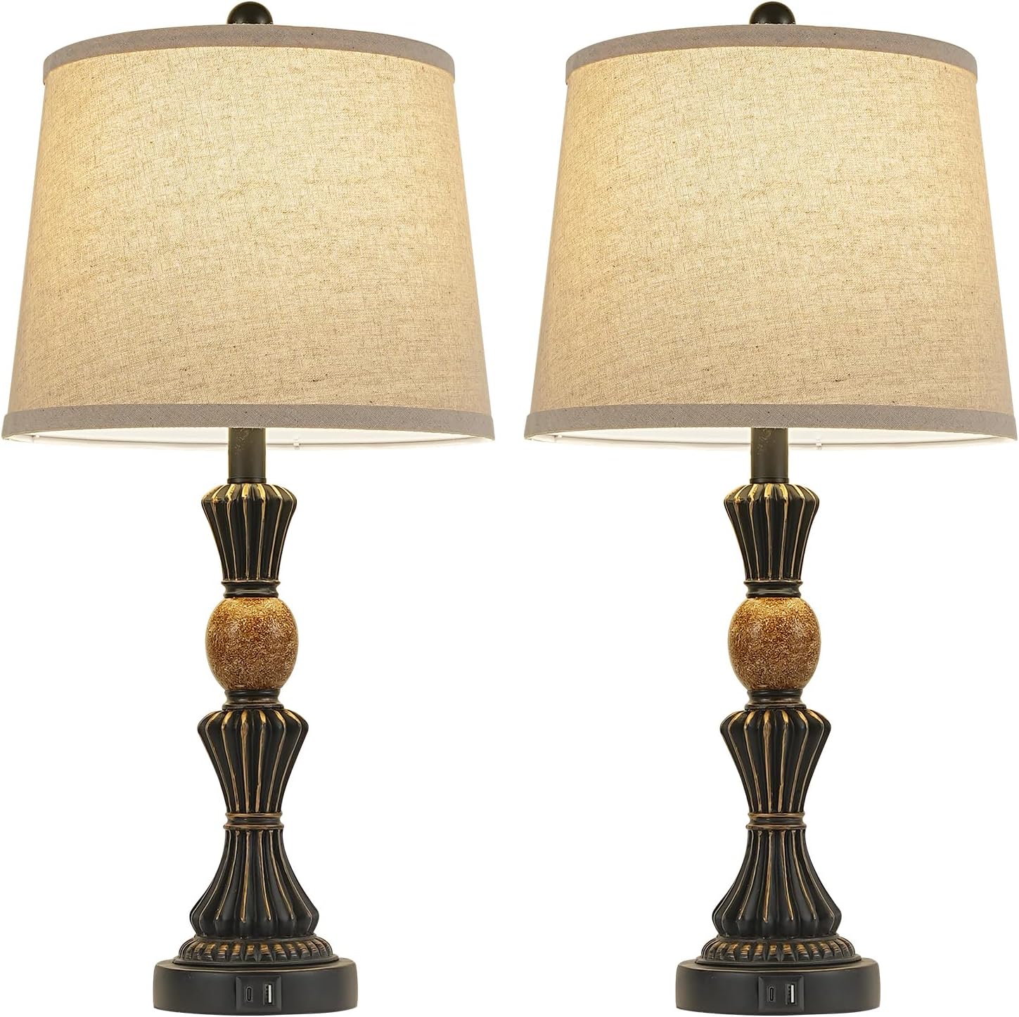 Set of Modern Table Lamps with USB-C & USB Ports, Rotating Knob Switch, Linen Shade + Resin Base Rustic Farmhous (Black Gold/Oil Bronze)