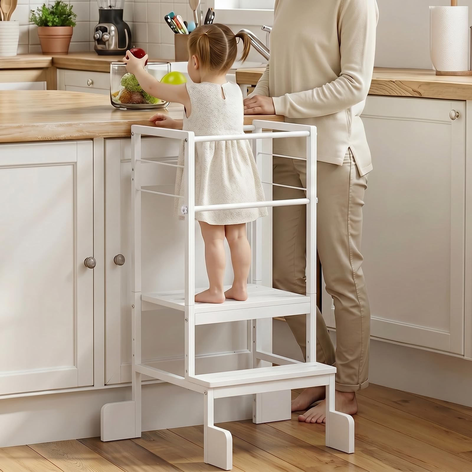 COSYLAND Lernturm Montessori Learning Tower Holz Stabil, Reinweiß | Stabiler Toddler Tower mit 4 Stützfüßen & Rutschschutz. 3-fach höhenverstellbar für Kinder ab 2 Jahren in Küche.