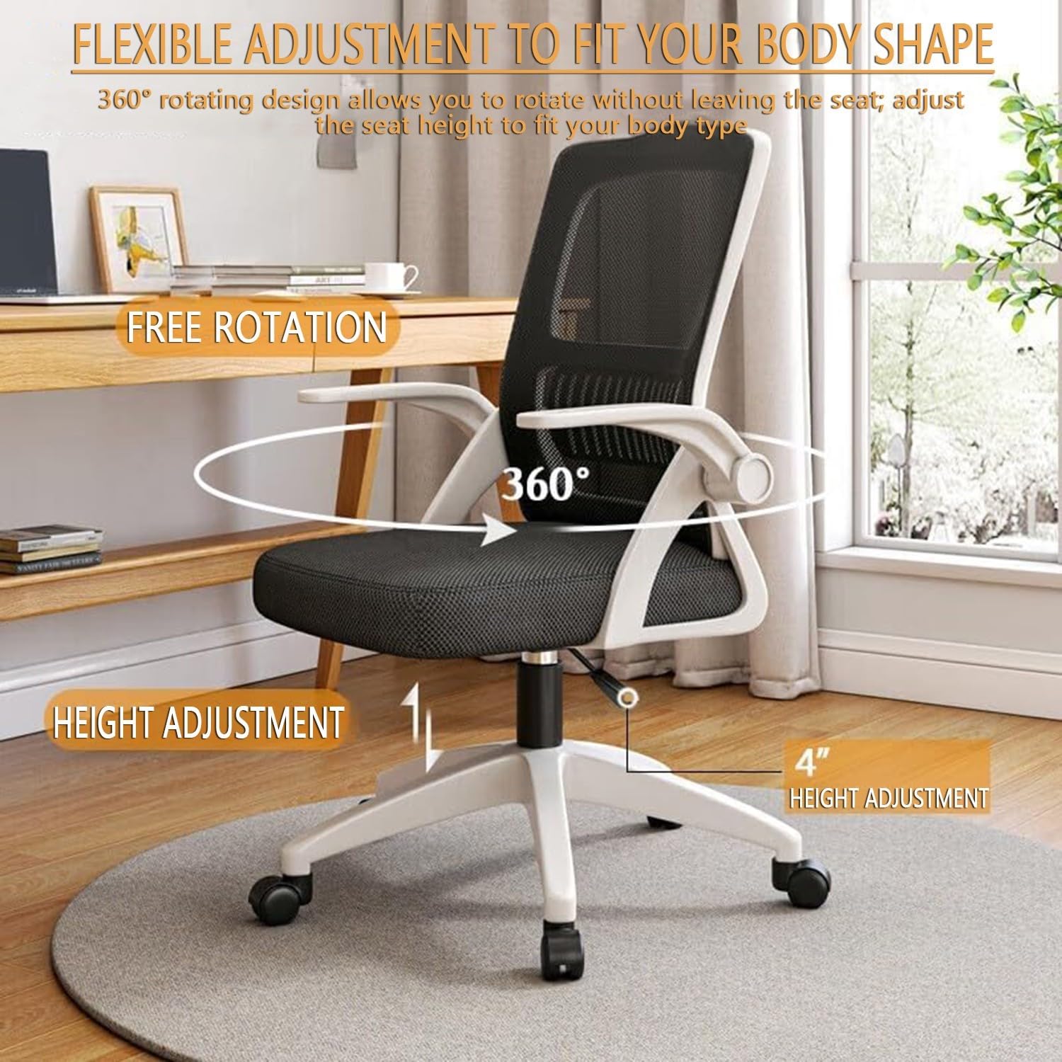 Silla Ergonómica Oficina Casa Malla Transpirable Respaldo Alto | Regulable en Altura, Función Giratoria, Reposabrazos Abatibles, Soporte Lumbar