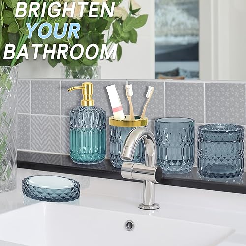Miniatura 7 de Juego de accesorios de baño azules juego de 5 piezas de accesorios de baño de vidrio transparente (soportes para cepillo, dispensador de jabón,