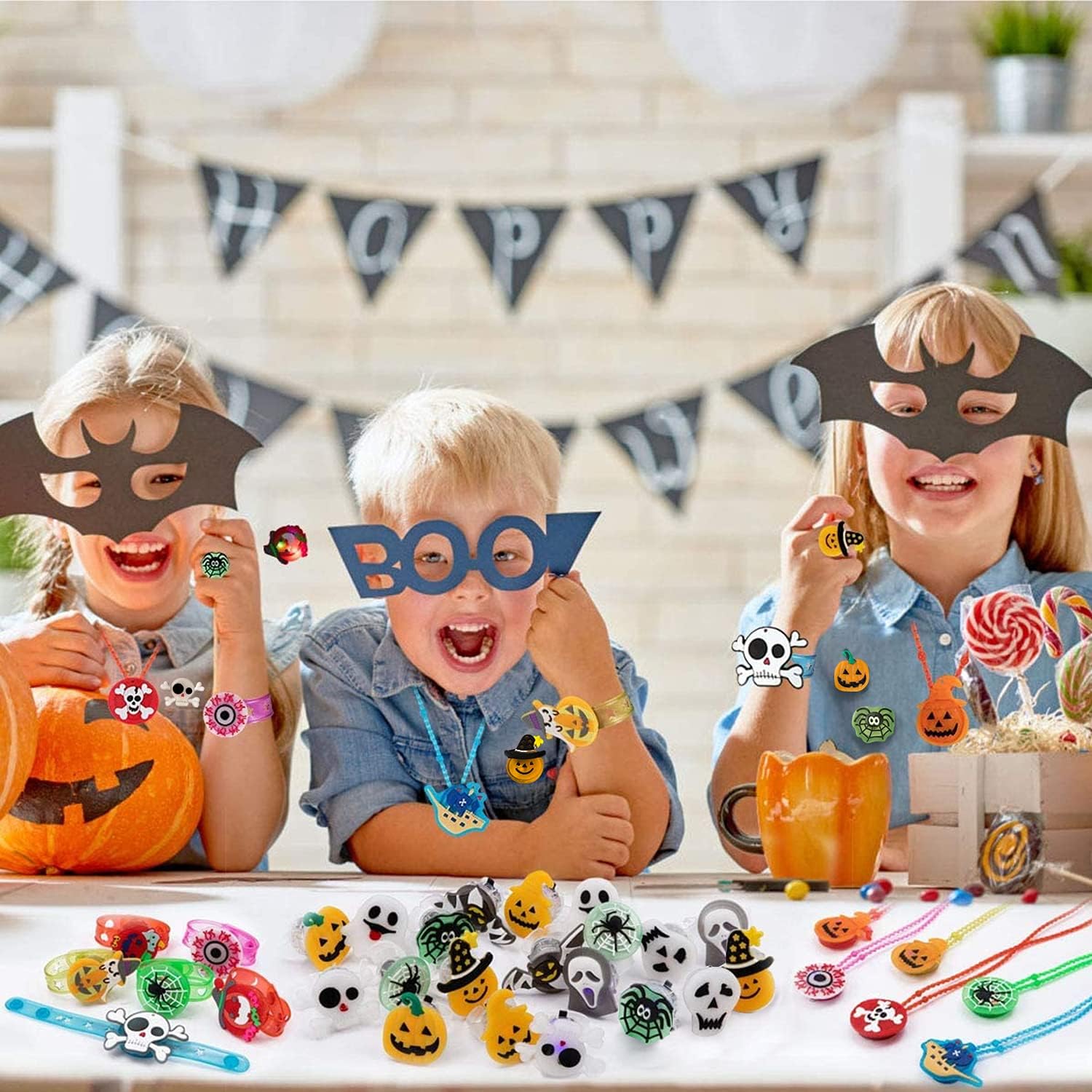 Halloween Party Favors for Kids - 54 Pack Light Up Halloween Toys Flash Rings Necklaces Bracelets Brooches LED Halloween Kids Toys Glow in the Dark Party Supplies for Halloween Decorations Party Games Gift