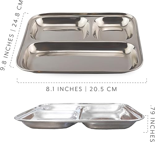 Miniatura 6 de Darware Platos divididos de acero inoxidablebandejas de compartimentos (paquete de 4) mini bandejas oblongas de 3 secciones de 9.8 x 8.1 pulgadas,