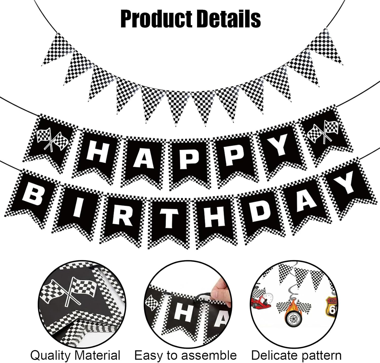 Race Car Happy Birthday Banner Racing Cars Party Decorations Black and White Checkered Flag with Honeycomb Balls Hanging Swirls Party Supplies for Kids Adults Celebrations