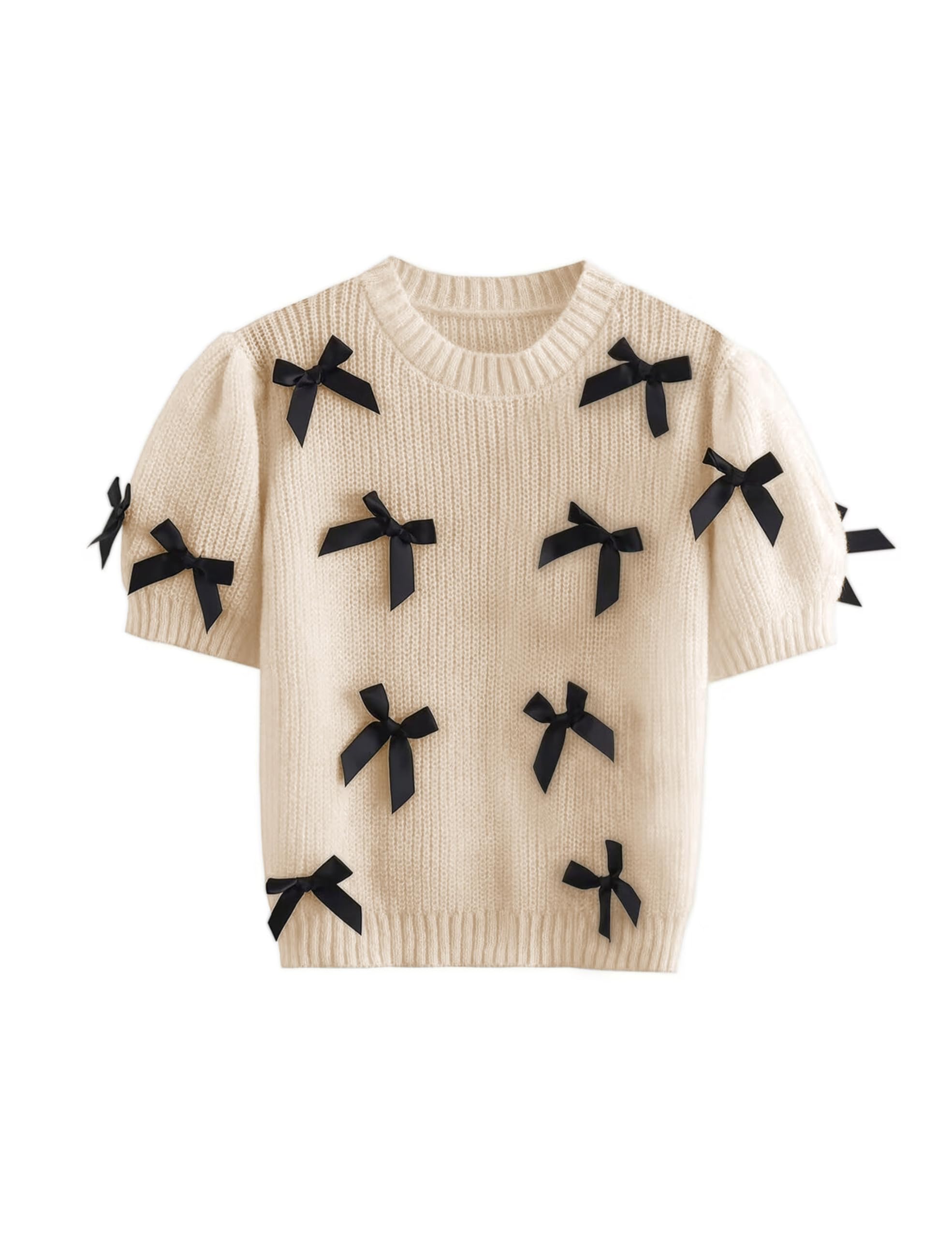 Women's Sweaters Knitted Crewneck Puff Bubble Short Sleeve Pullover Tops Casual Bow T Shirts Chic Blouses