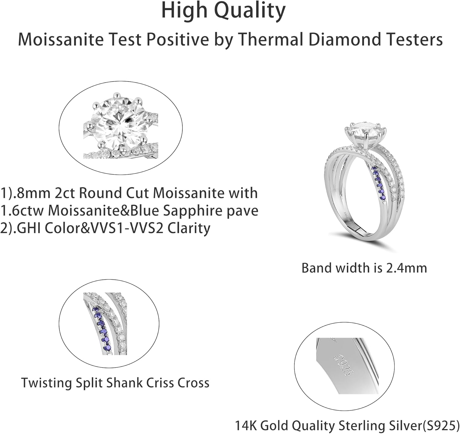 DovEggs Moissanite Engagement Ring for Women,Wedding Rings 2ct F-G-H Color Cut Twisting Split Shank Criss Cross Moissanite&Blue Sapphire Sterling Silver with 18K White Gold Plated Ideal Gift