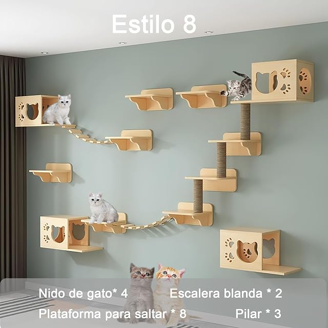 Foto 2 de 7 de Marco de Escalada para Gatos con Poste Rascador, Estante de Pared Flotante y Casa Interior