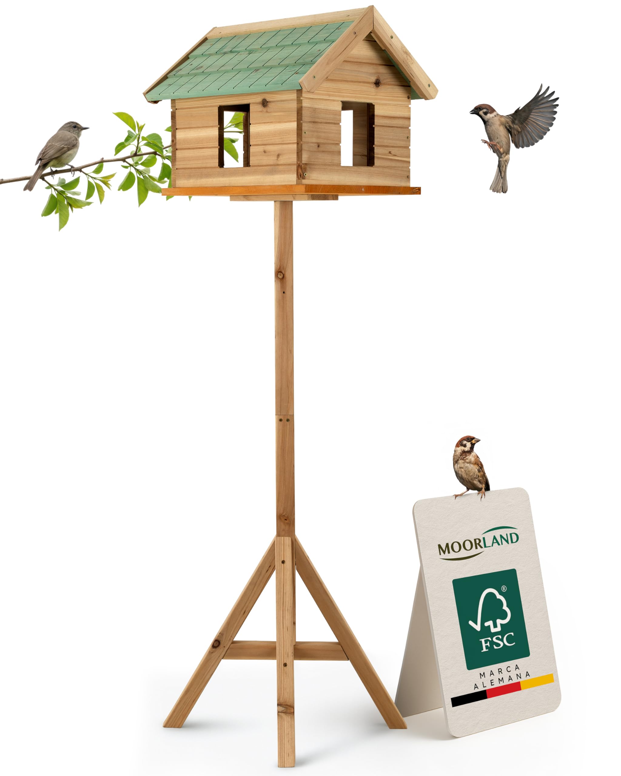 Moorland Casa para Pájaros con Ventanas y Soporte Comedero Cerrado Madera | 135cm Verde Techo con Tejas Resistente al Clima Para Todo el Año Abeto FSC jardin aves VH2