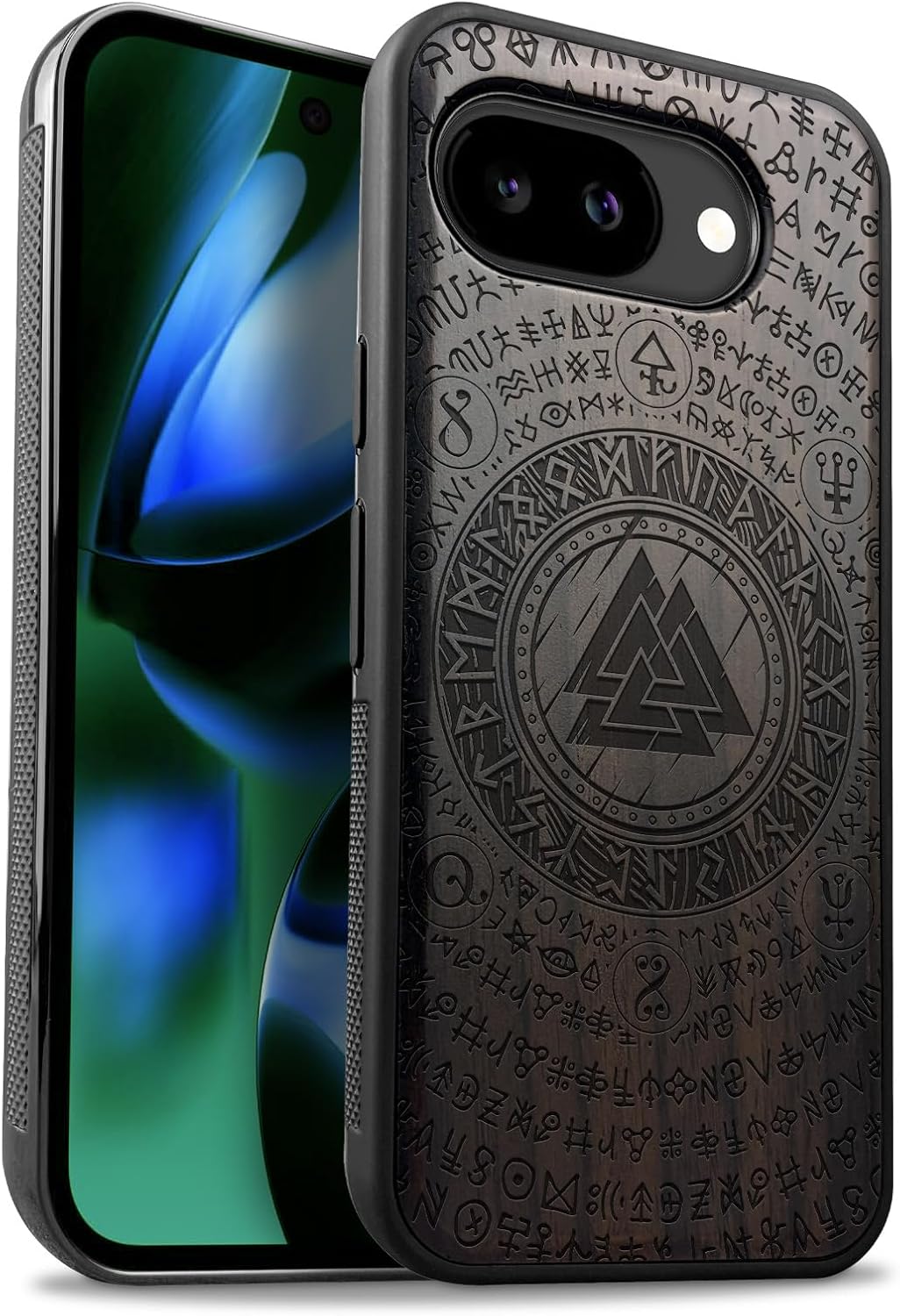 Carveit Magnetic Wooden Case for Google Pixel 10a Case, Wood Artisan Engraved & Soft TPU Shockproof Cover, Compatible with MagSafe Wireless Chargers (Ancient Wisdom in Viking Design) Blackwood