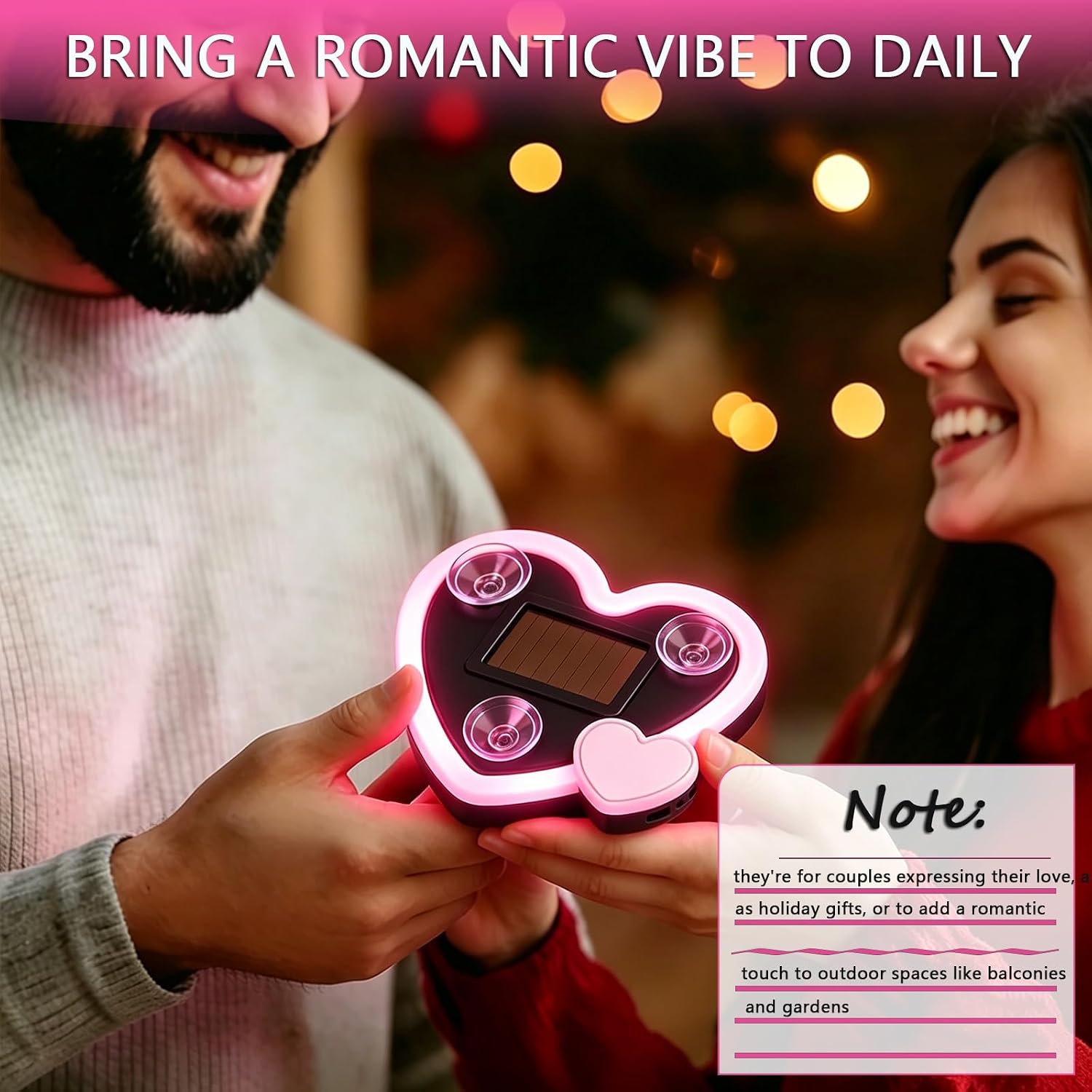 2PCS Solar Powered Heart Car Lights, Wireless LED Ambient Neon Light with Vibration Sensor, 6 Lighting Modes, USB-C Rechargeable Interior Decor, Suction Cup Window Lamp Gift for Couples (2pc Pink)