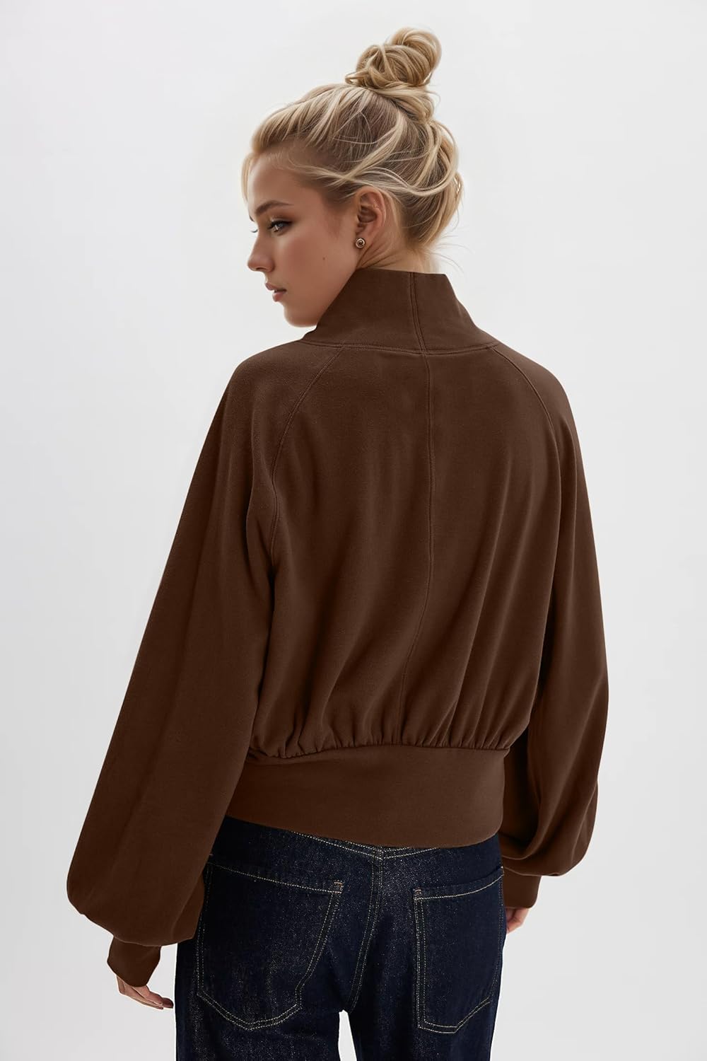 Ythomm Women Mock Turtleneck Crop Sweatshirt Long Balloon Sleeve Ruched Banded Bottom Pullover Blouson Top Shirt Fall Clothes (Brown, Large) - Image 4