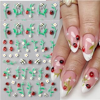 Ladybug Sticker for Nail Art 5D Embossed Cute Bee Nail Decals with Green Blooming Plant Leaf Design White Flower Nail Sticker Spring Floral Nails Supplies for Women Girls DIY Manicure Decoration 2Pcs