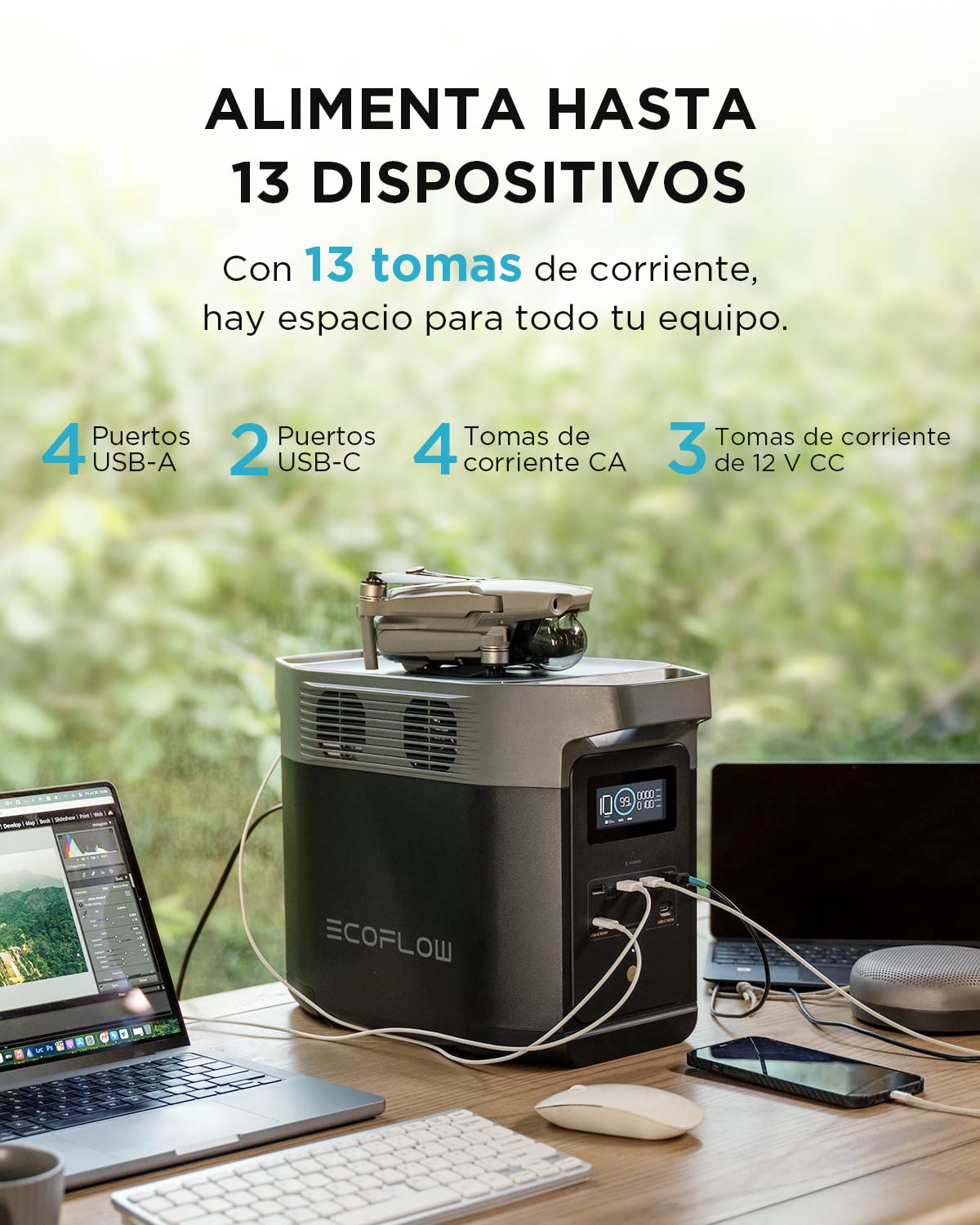 Estación de Energía Portátil EcoFlow Delta 2 con Capacidad Ampliable de 1 a 3 kWh, batería LFP, Carga rápida, Uso como generador Solar para alimentación de Reserva en casa, Camping y autocaravanas