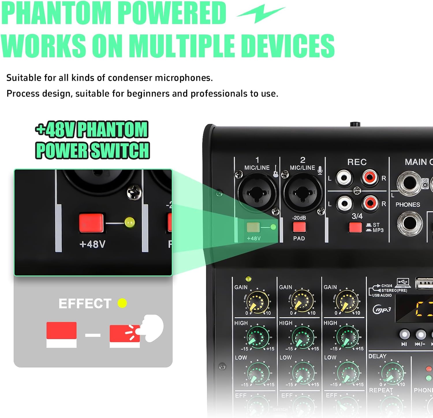 Micfuns M4 Audio Mixer 48V Phantom Power detail