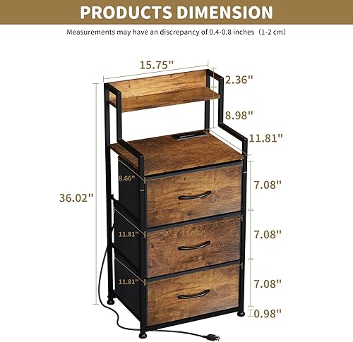 Miniatura 3 de Mesita de noche alta con luz y estación de carga, mesita de noche con 3 cajones de tela y estante de almacenamiento, mesitas de noche con puertos