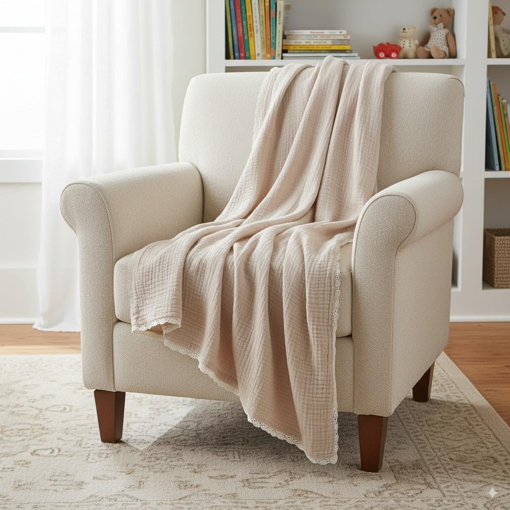 MakeMake Organics GOTS Certified Organic Cotton Muslin Soft Breathable Lightweight Swaddle and Comfort Organic Twin Blanket for Toddler Baby Boys and Girls - Taupe, 62" x 88"
