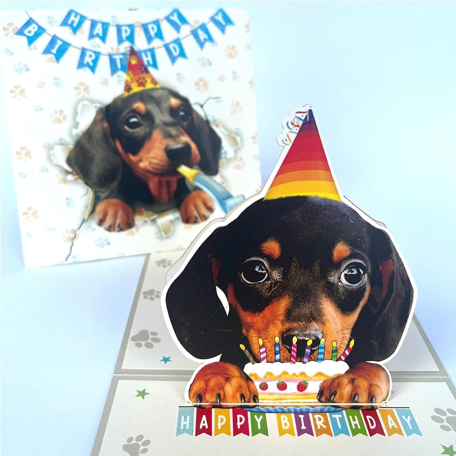 Momapopup 3D Pop-Up Black Dachshund Dog Birthday Card - Cute Dog with Cake Celebration, Whimsical Happy Birthday Greeting for Dog Lovers - Black