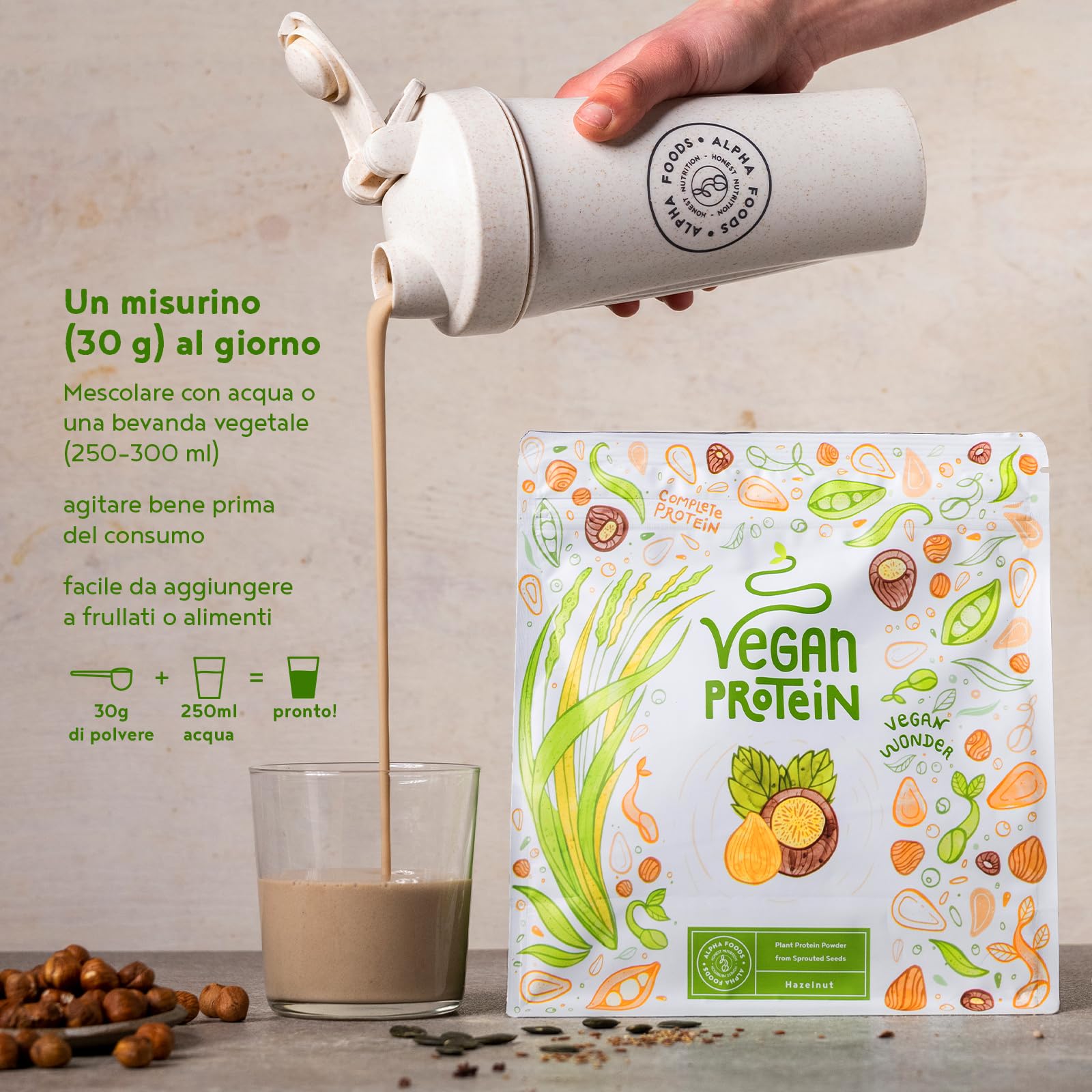 Proteine in Polvere Vegane | Gusto Nocciola | 19g Proteine Vegetali Isolate di Pisello, Riso e Girasole | Massa Muscolare | 600g Vegan Protein Powder | Alpha Foods