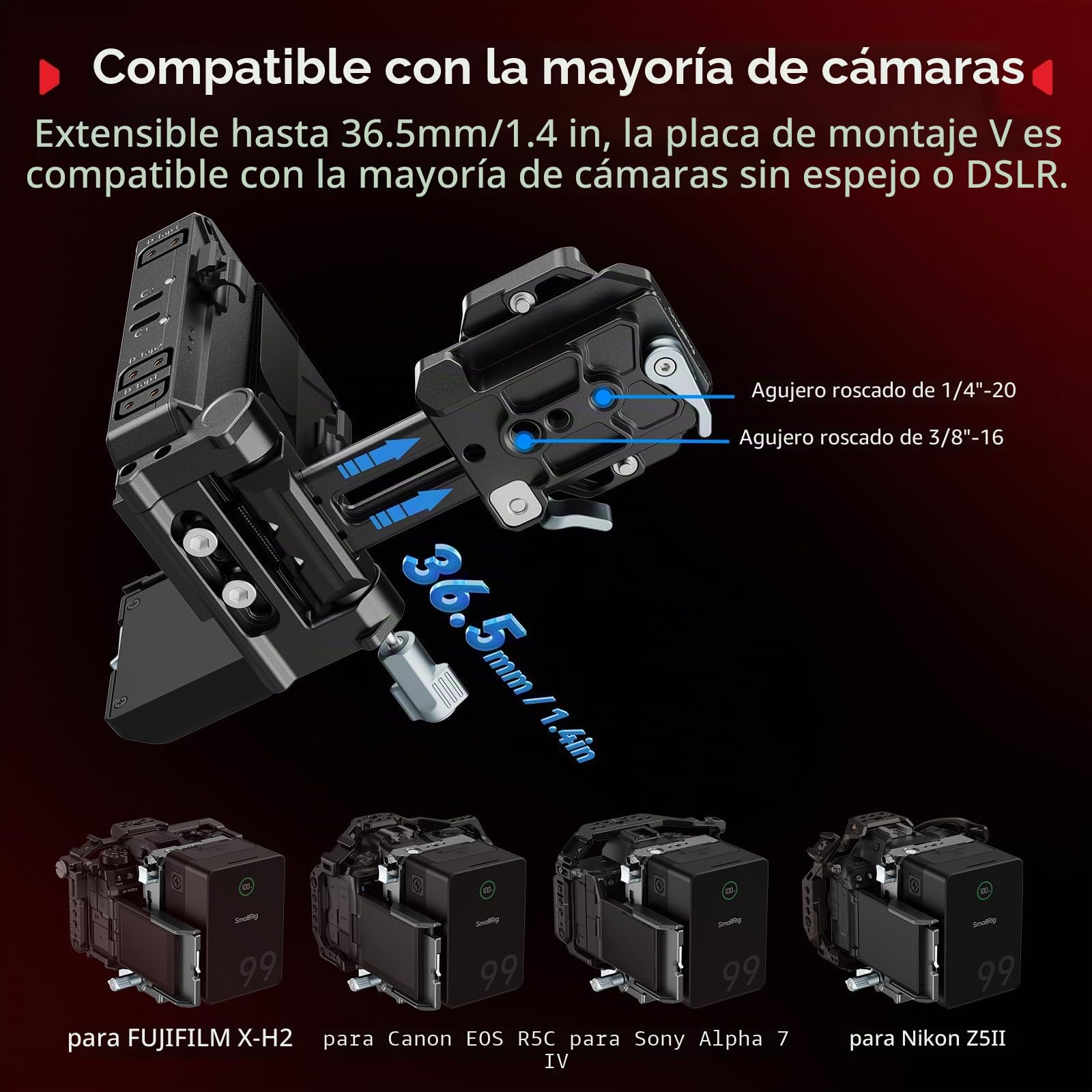 SMALLRIG Kit de Placa de Batería V-Mount Mejorada, con Placa QR para Arca, Protector de Pantalla, Clips para Cables, D-Tap/USB-C, para Cámaras Mirrorless/DSLR y Baterías NEEWER - 5227