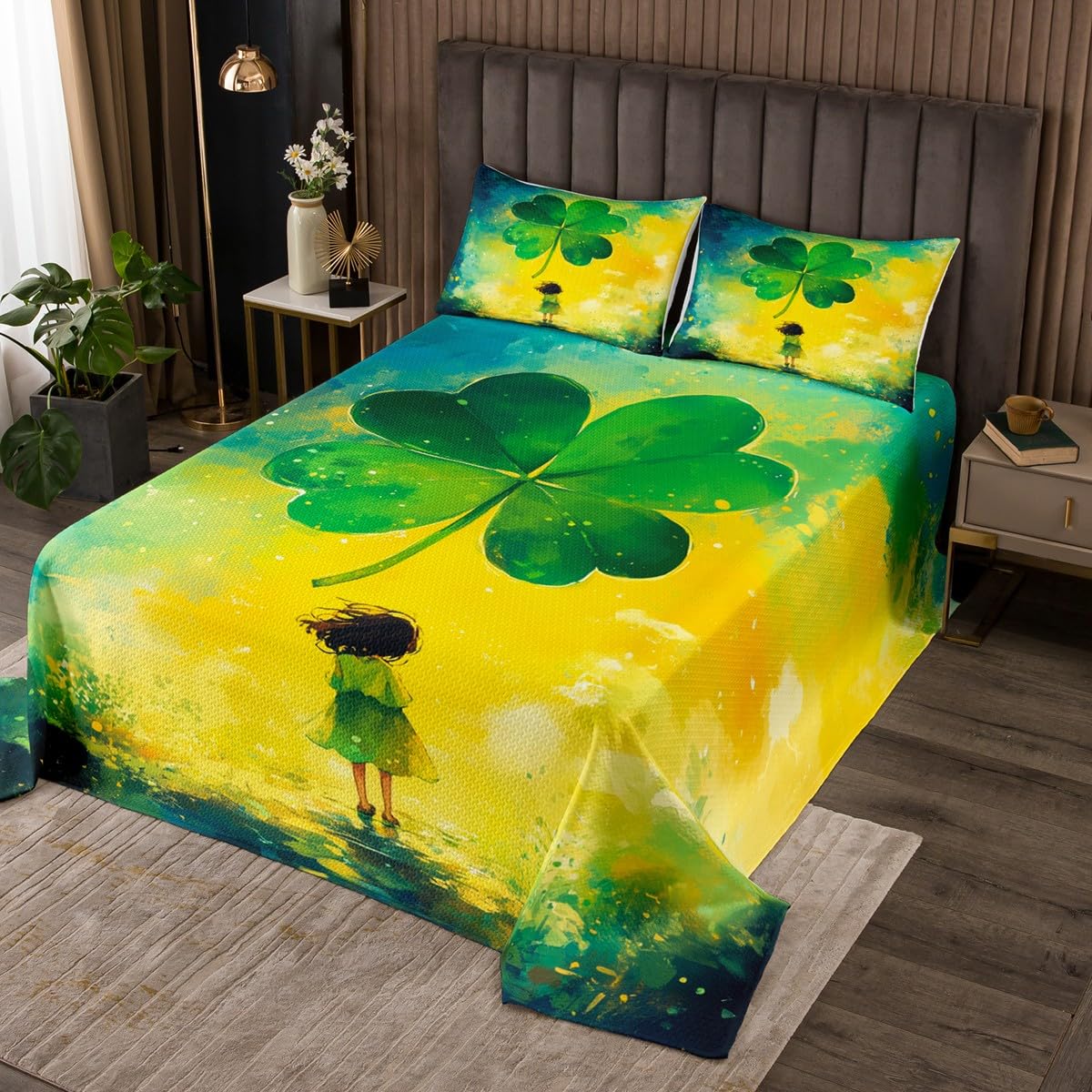 jejeloiu Boys Girls St Patricks Day Quilted Coverlet Twin Size, Green Clover Coverlet Set Lucky Spring Bedspread Kids Teens Bedroom Decor with 1 Pillow Case
