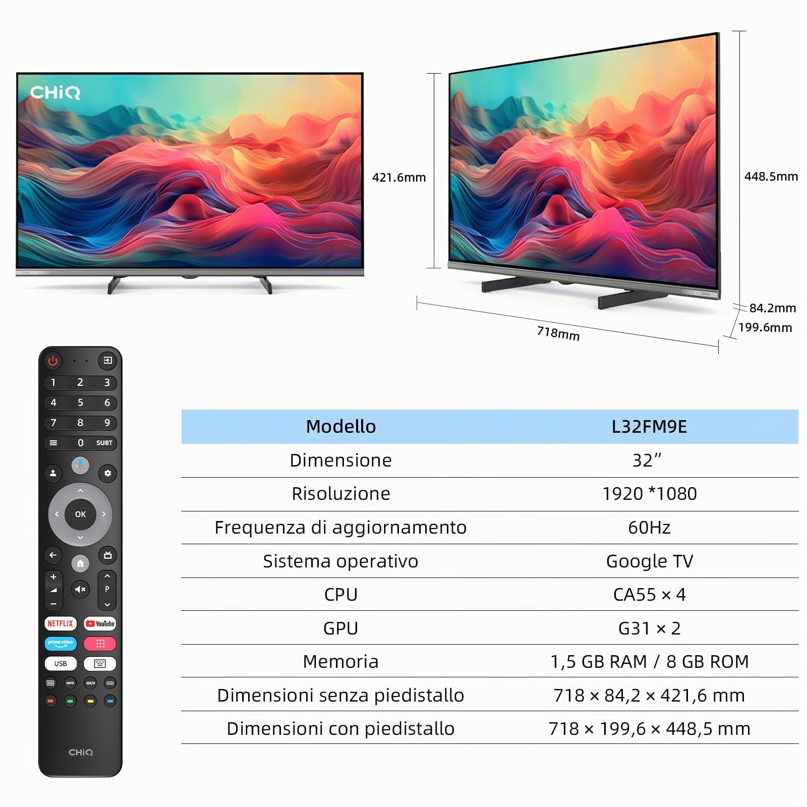 CHiQ L32FM9E 32 Pollici (80 cm) FHD Smart TV, HDR10 & HLG, Dolby Audio, Dbx-tv, Triple Tuner DVB-C/T/T2/S/S2, Chromecast integrato, Wi-Fi Dual-Band, Metallo Senza Cornice