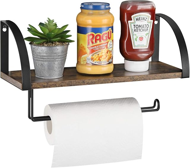 UOMIO Kitchen Roll Holder Wall Mounted Spice Shelf with Paper Towel Holder Kitchen Roll Tissue Dispenser Metal Wood Kitchen and Bathroom Storage Rack Shelf - Black