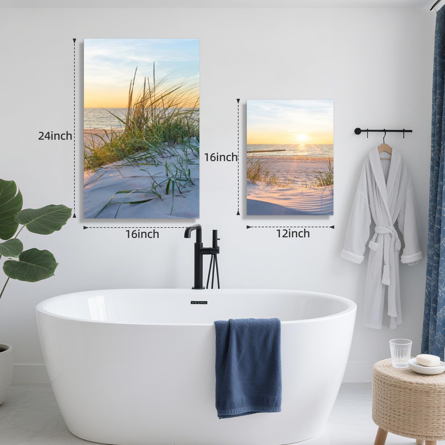 IAFWZX Framed Blue Beach Sunset Wall Art, Bright Ocean Seascape Wall Decor, Sun Sand Dunes Sea Grass Canvas Paintings, Nature Coastal Landscape Poster Prints for Bedroom Living Room 16"x24"x3