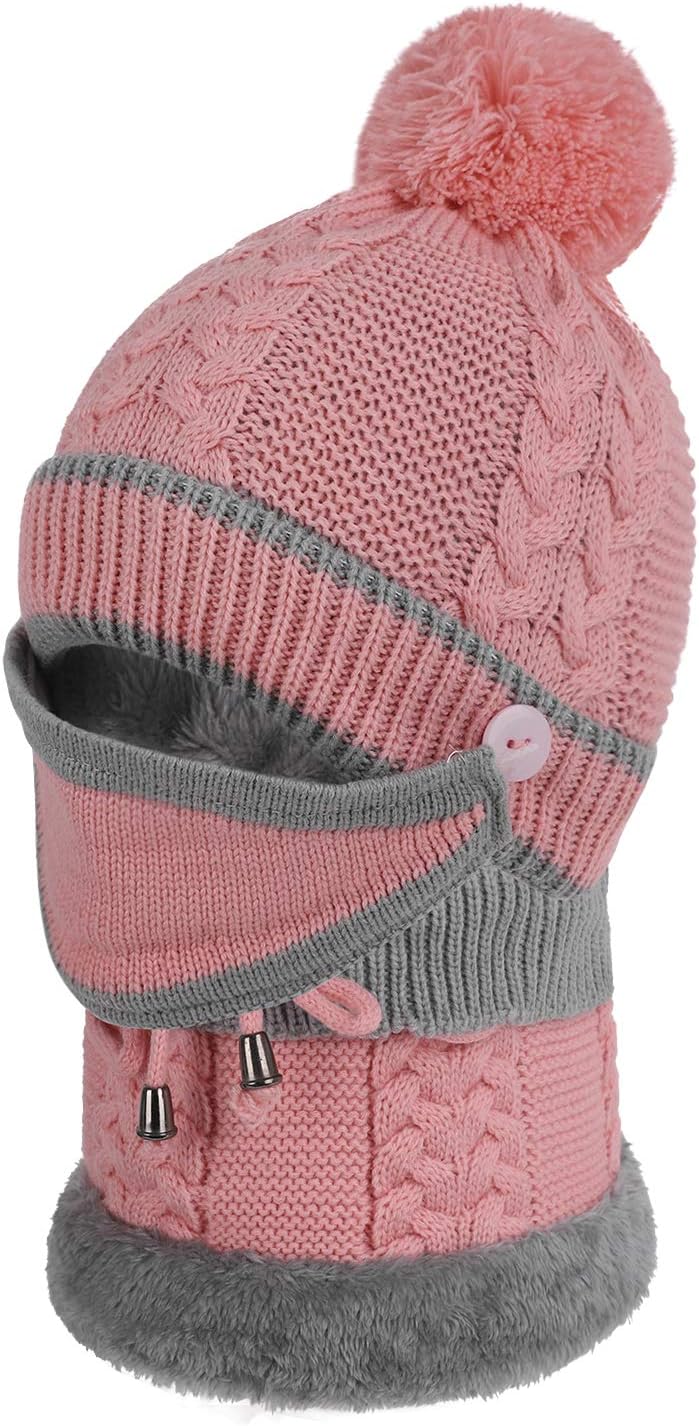 3 in 1 Winter Knitted Beanie Hat Mouth Neck Warmer Set for Girls Boys Kids, Warm Fleece Lined Ski Caps with Pompom - Image 4