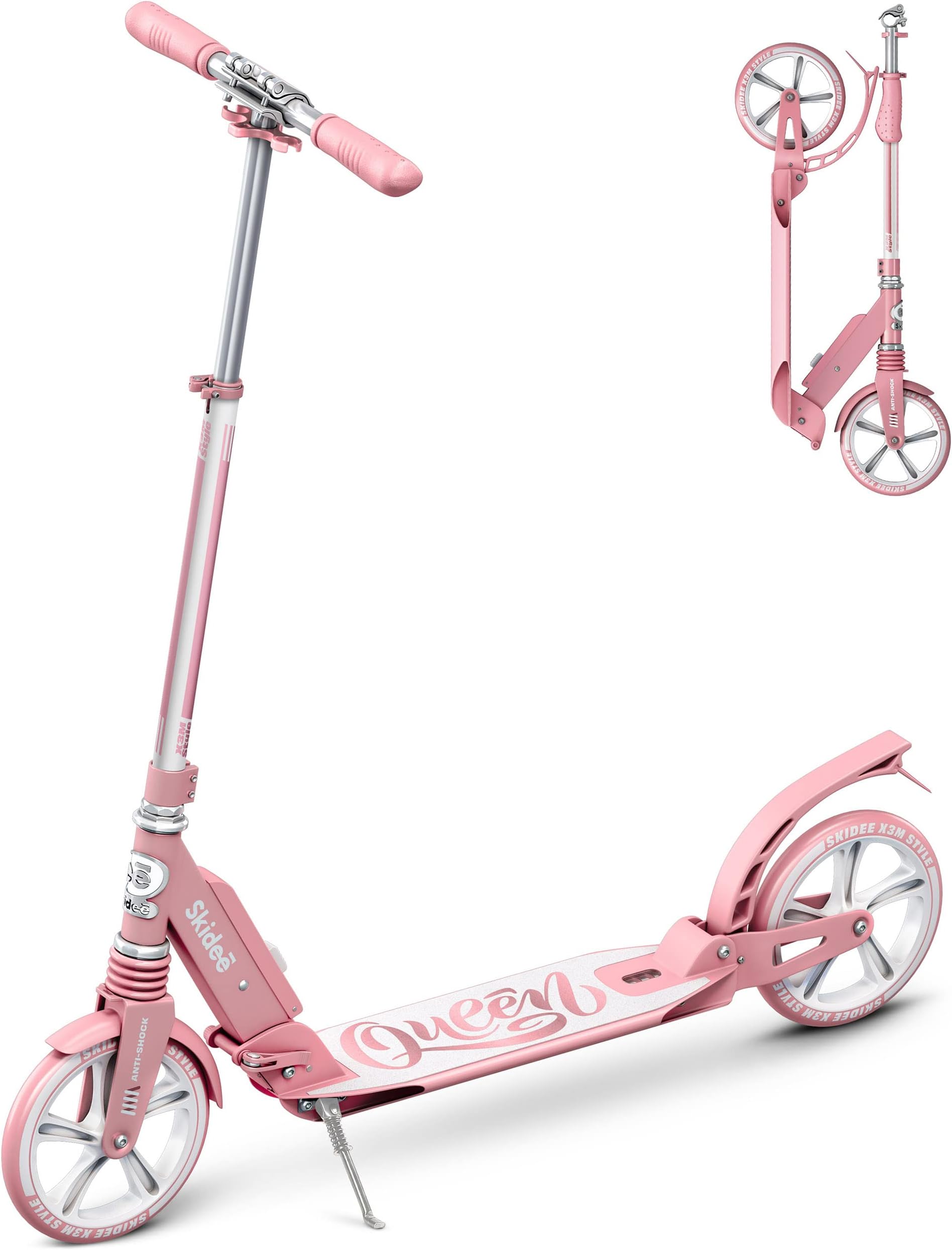 Skidee Adult & Teen Scooter Adjustable Height, Folding, Large Wheels, Lightweight, Durable, Anti-Shock Suspension, Up to 220 lbs