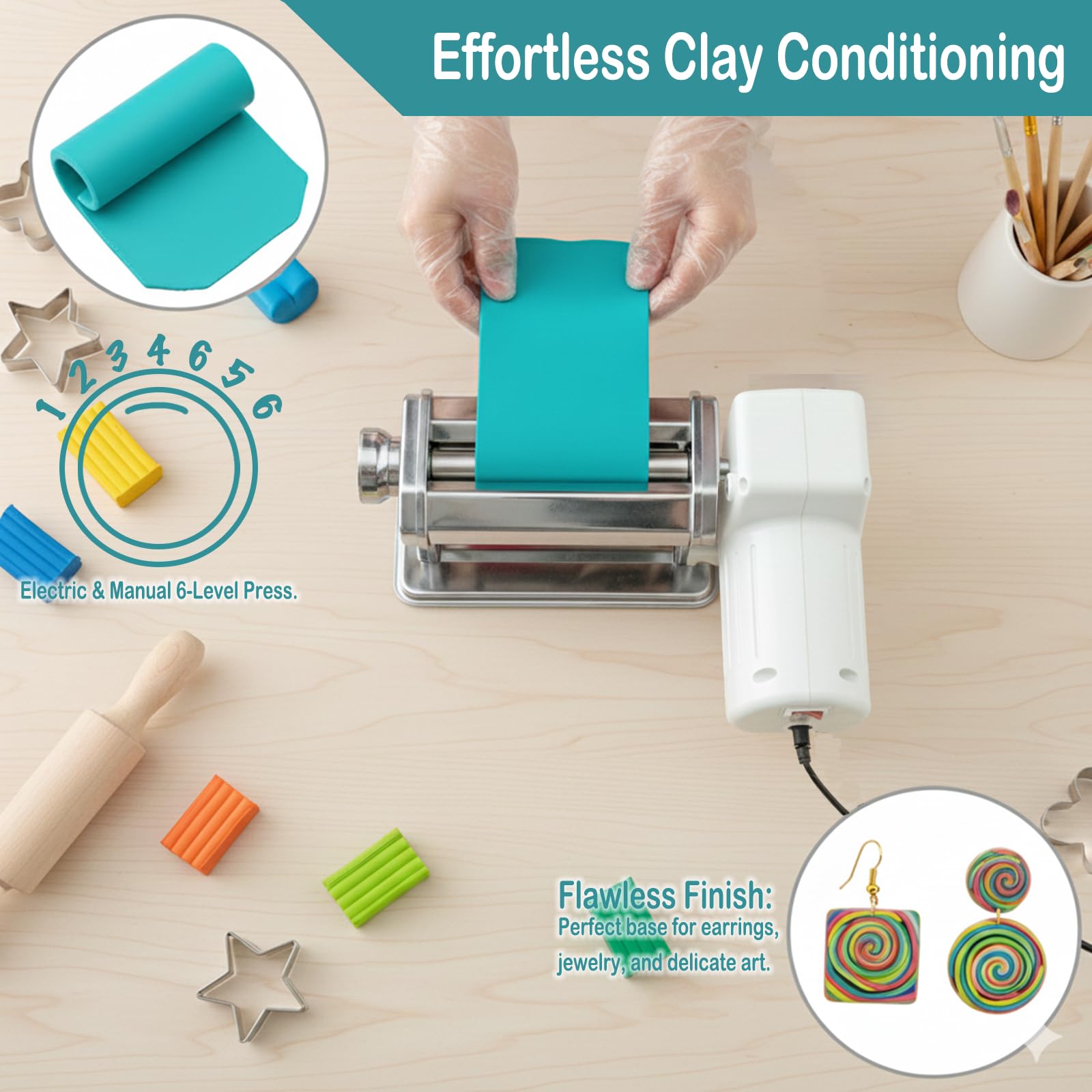 Elektrische Polymer Clay Roller Maschine, Dual Mode Clay Press Machine mit 6 Dickeneinstellungen, 60W Motor, Enthält 8 Prägewerkzeuge & Tonwerkzeuge für Polymer Clay Ohrringherstellung