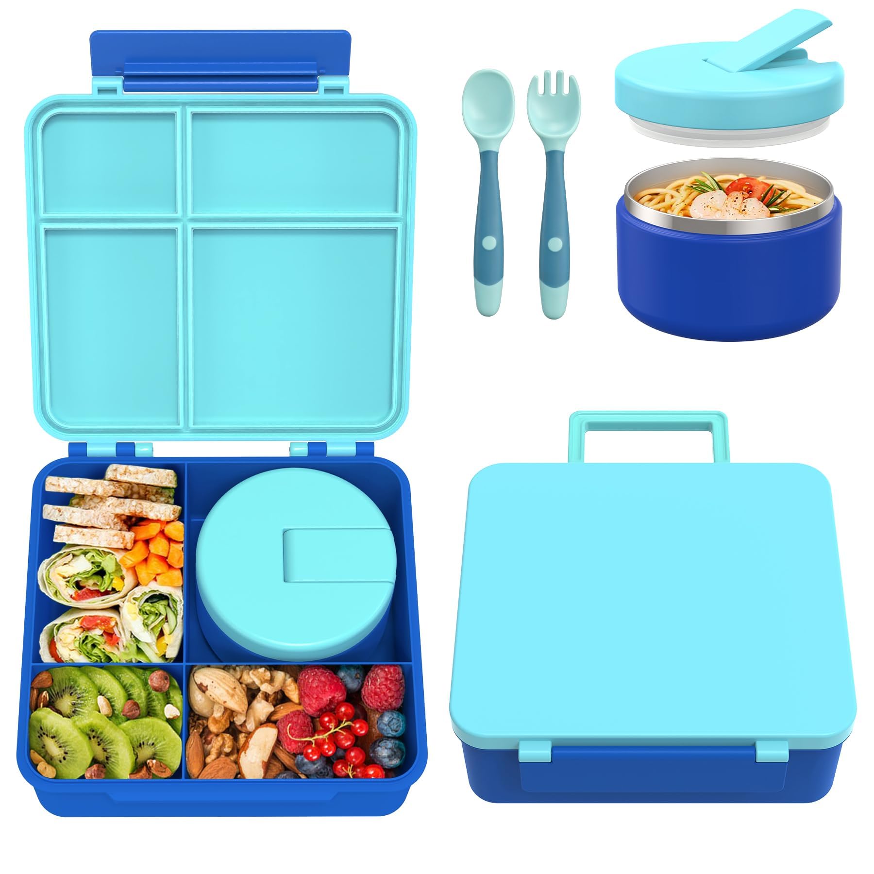 Bento Lunch Box with 8oz Soup Thermo, Kids Leakproof Lunch Food Containers with 4 Compartment, Kids Thermo Insulated Hot Food Jar for School, Trvael -Blue