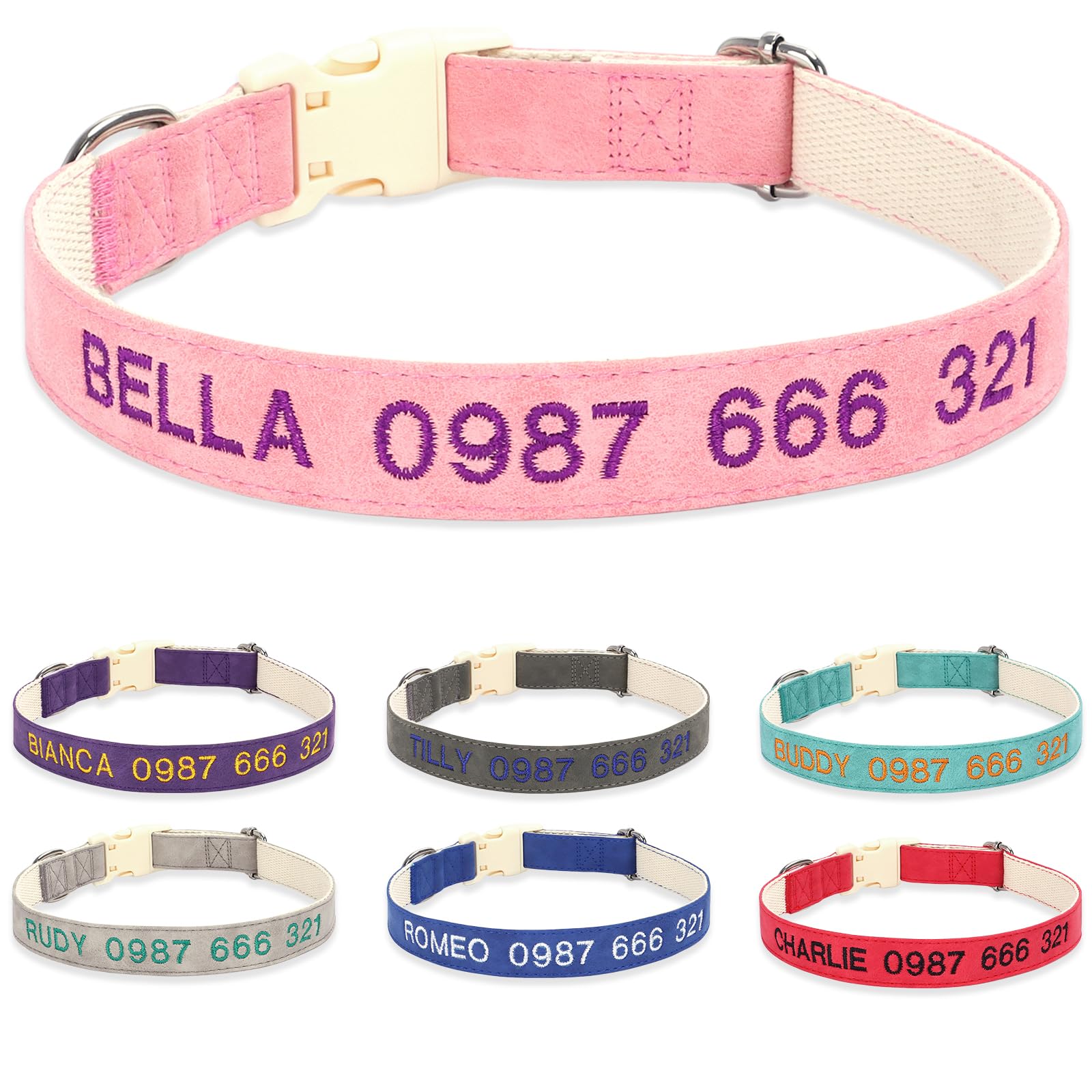 Personalized Embroidered Adjustable Dog Collar with Soft Leather Pad – Customizable Name & Phone-Adjustable for Small Medium Large Dogs,Pink