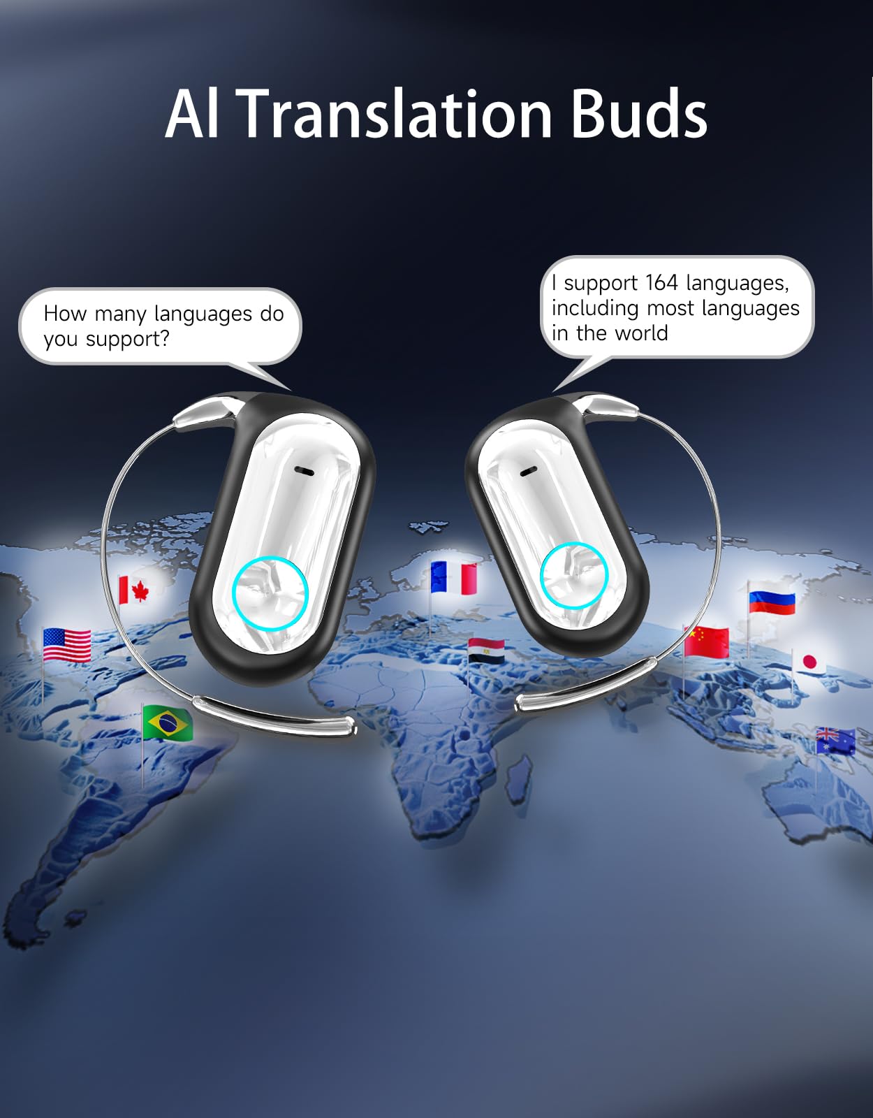 Auriculares Traductor en Tiempo Real con IA, Traductor Instantáneo de Voz con 164 Idiomas y 7 Modos de Traducción, Auriculares Traductores open ear 5 en 1,96 horas de autonomía para viajes y reuniones