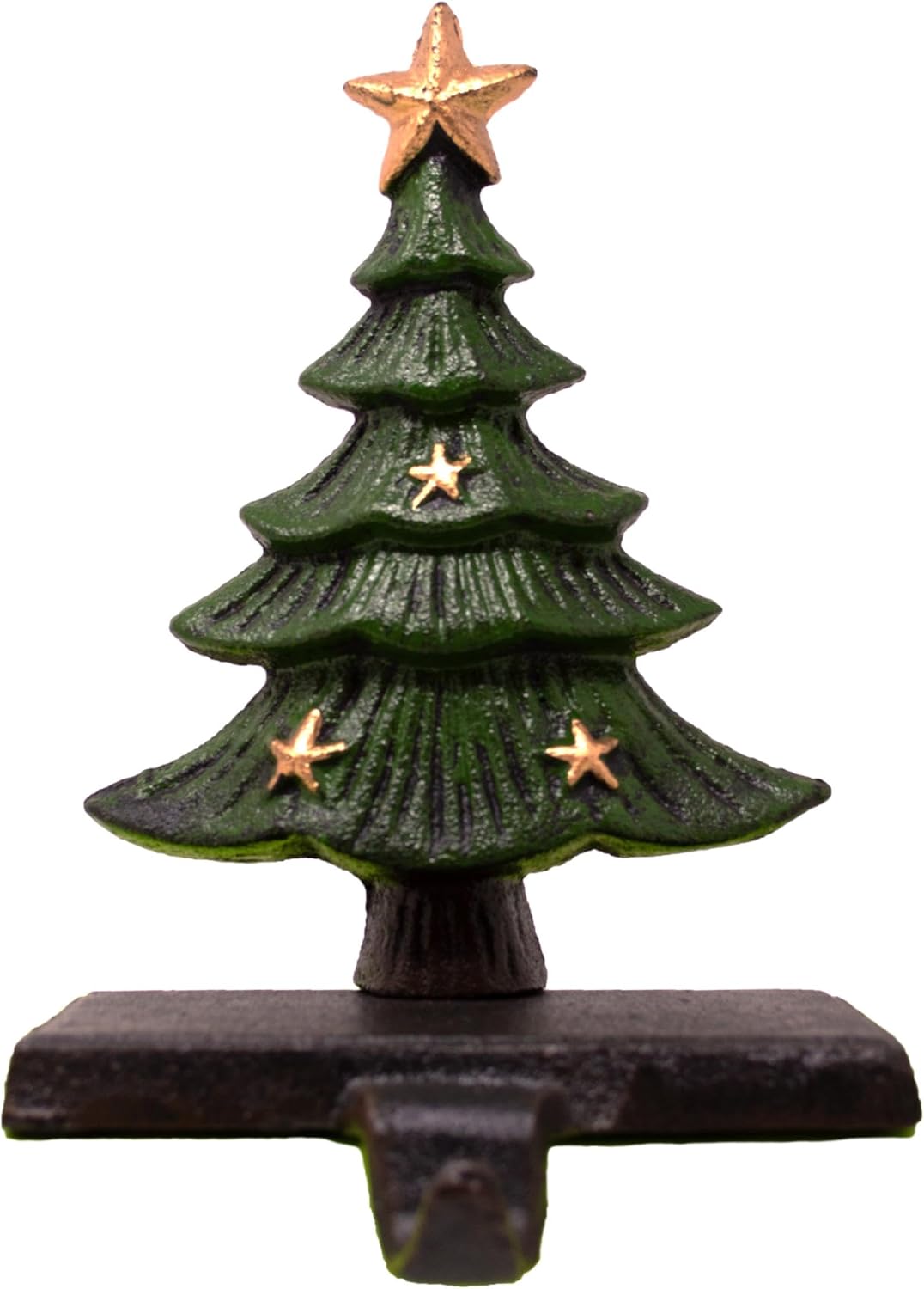 Chalily 3-D Christmas Tree Stocking Holder Cast Iron Hooks for Christmas Socks Hand Painted Green & Gold Easily Rest on a Mantel, Fireplace, or Book Shelf Heavy Duty & Durable Holiday Season Decor