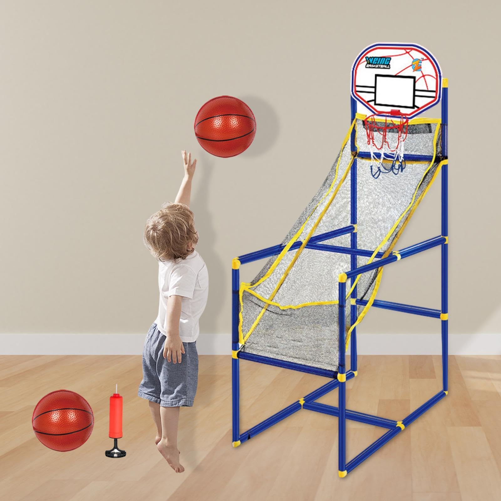 Set da Basket Arcade in 3 Pezzi, Canestro da Basket per Interni, Palla Gonfiabile, Supporto Regolabile per Bambini, Struttura Robusta, Adatto per, con 2 Basket